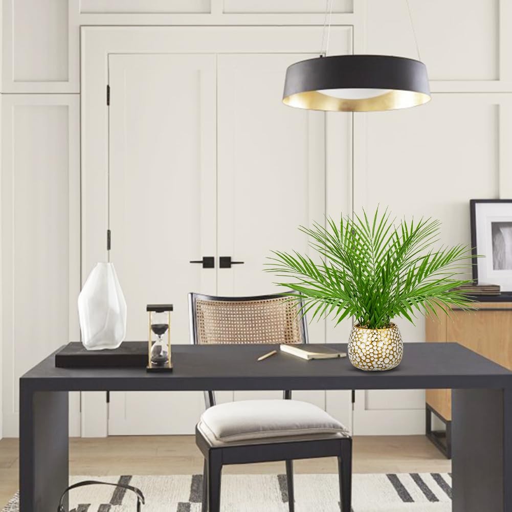 Fake Plants 15” Faux Palm Plant in Gold-White Pot | Realistic Tropical Artif…