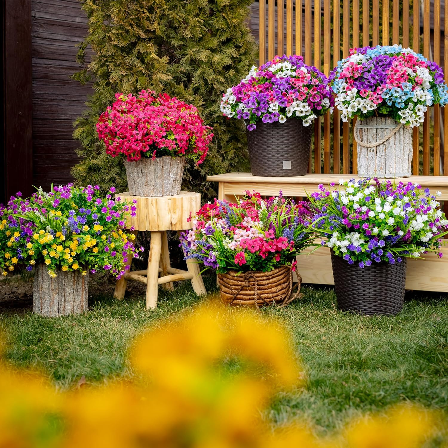 Artificial Flowers Outdoor Fake Plants – Mixed, 3 Colors Magenta Purple White