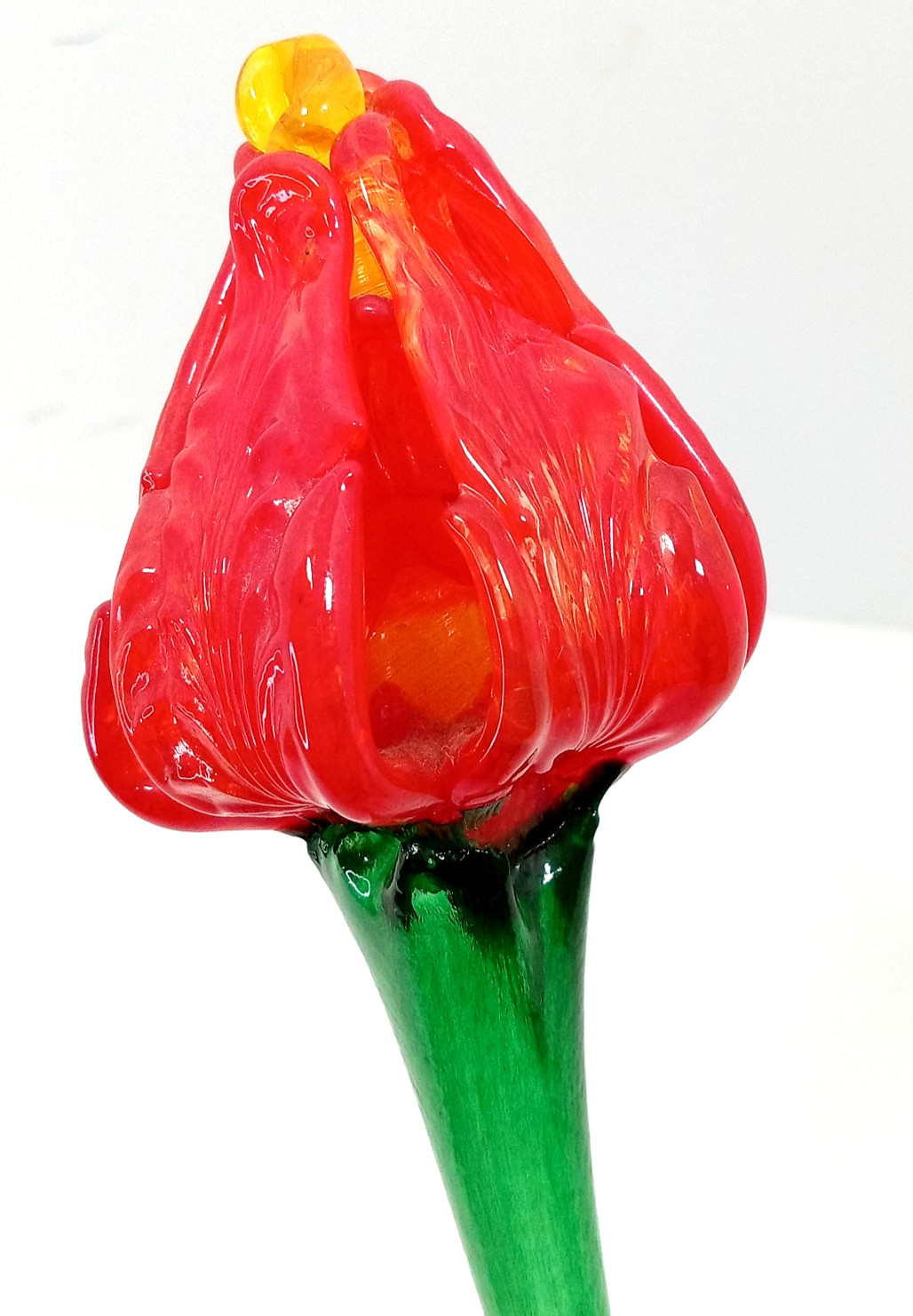 Vintage Blown Art Glass Long Stem Flower Red Bud Orange Center Ribbed Texture