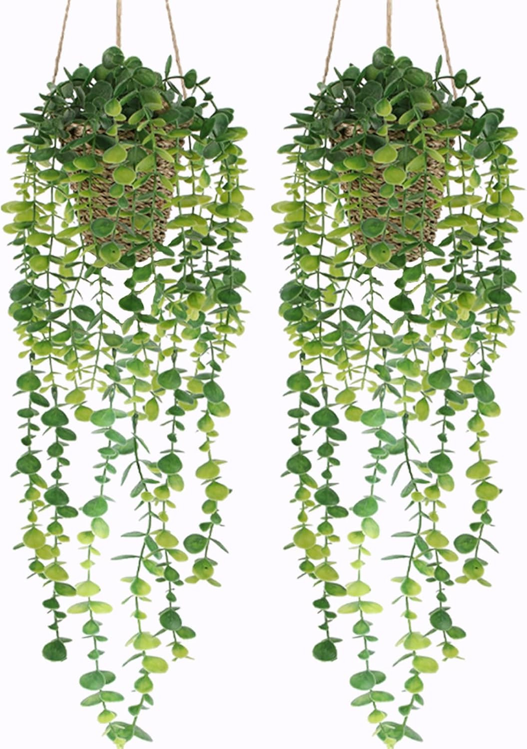Fake Hanging Plant with Woven Basket, 2 Pack Artificial Hanging Plants, Faux Vin