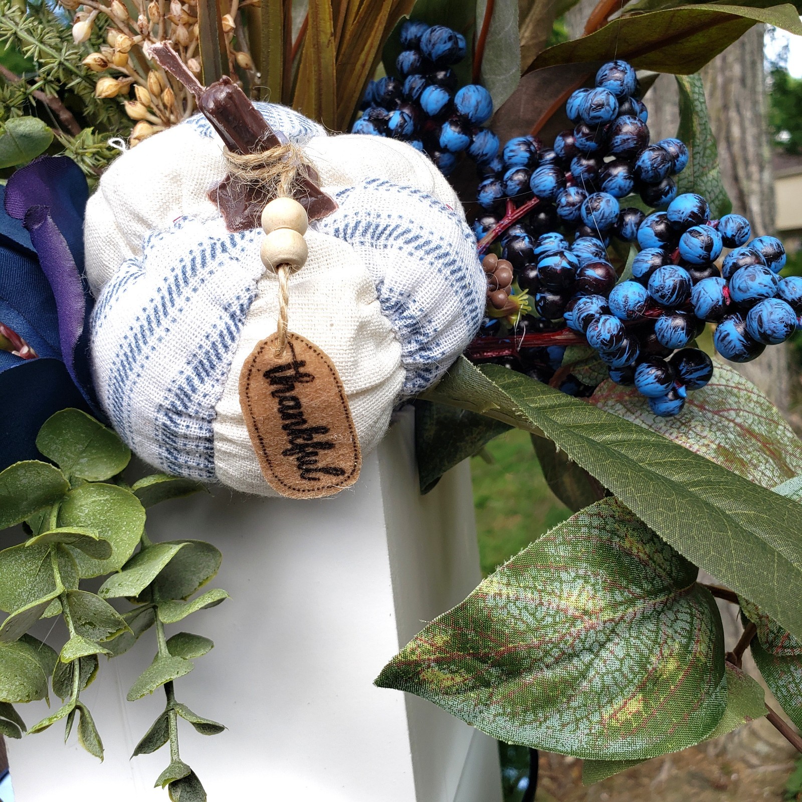Navy Blue Fall Floral Arrangement Pumpkin Accent, Autumn Magnolia Arrangement