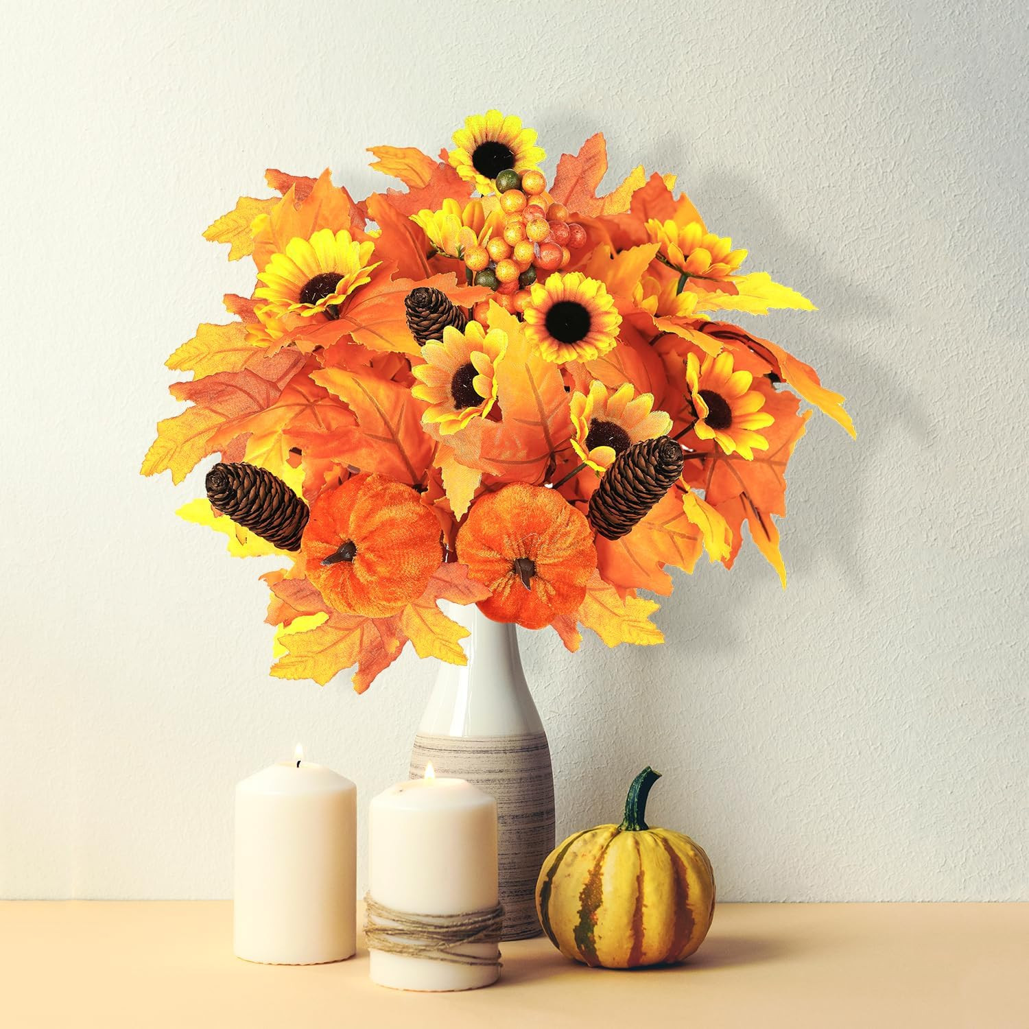 2PCS Fall Artificial Flowers Decoration Maple Leaf Stem Pumpkin Branch Sunflower