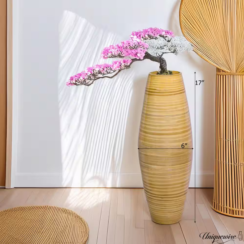 17 In. Bamboo Cylinder Flower Vase Modern Decor Piece Pampas Grass Dried Flowers