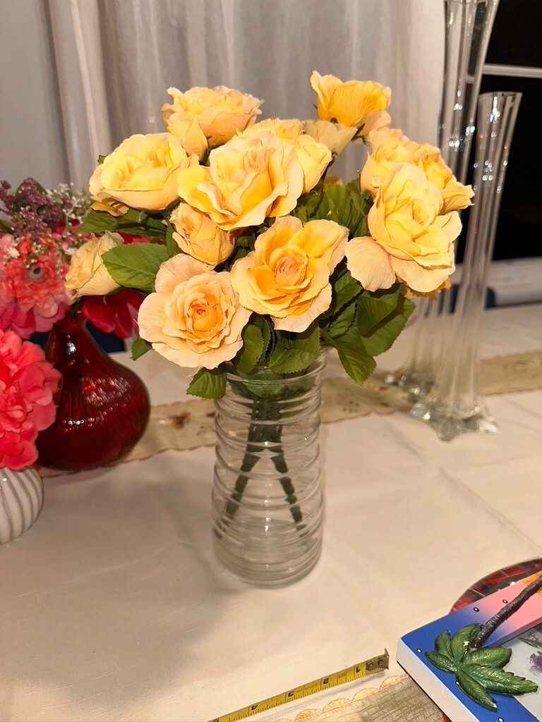 2 set 14″ Tall 14 Stems Yellow Roses Artificial Flowers Blossom Silk glass vase