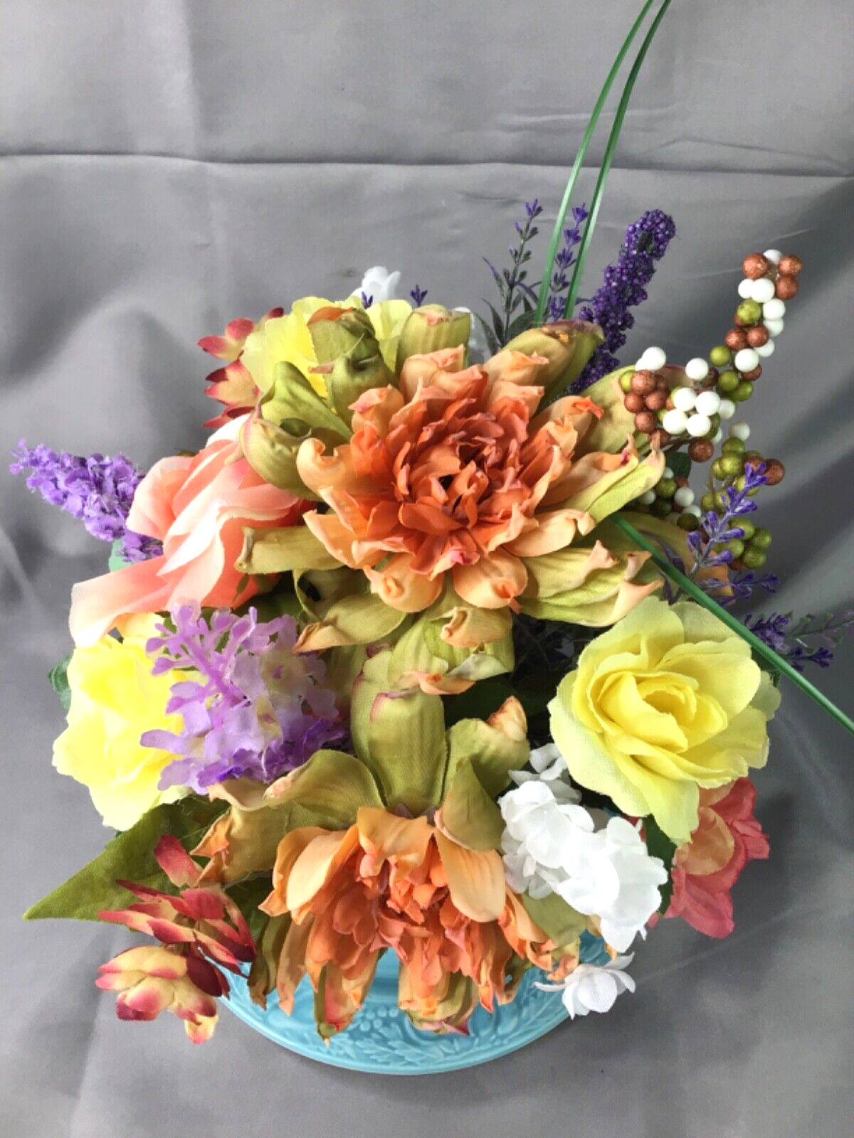 Vintage Sky Blue Oversized Cup & Sauce Coral Yellow Lavender Flower Arrangement