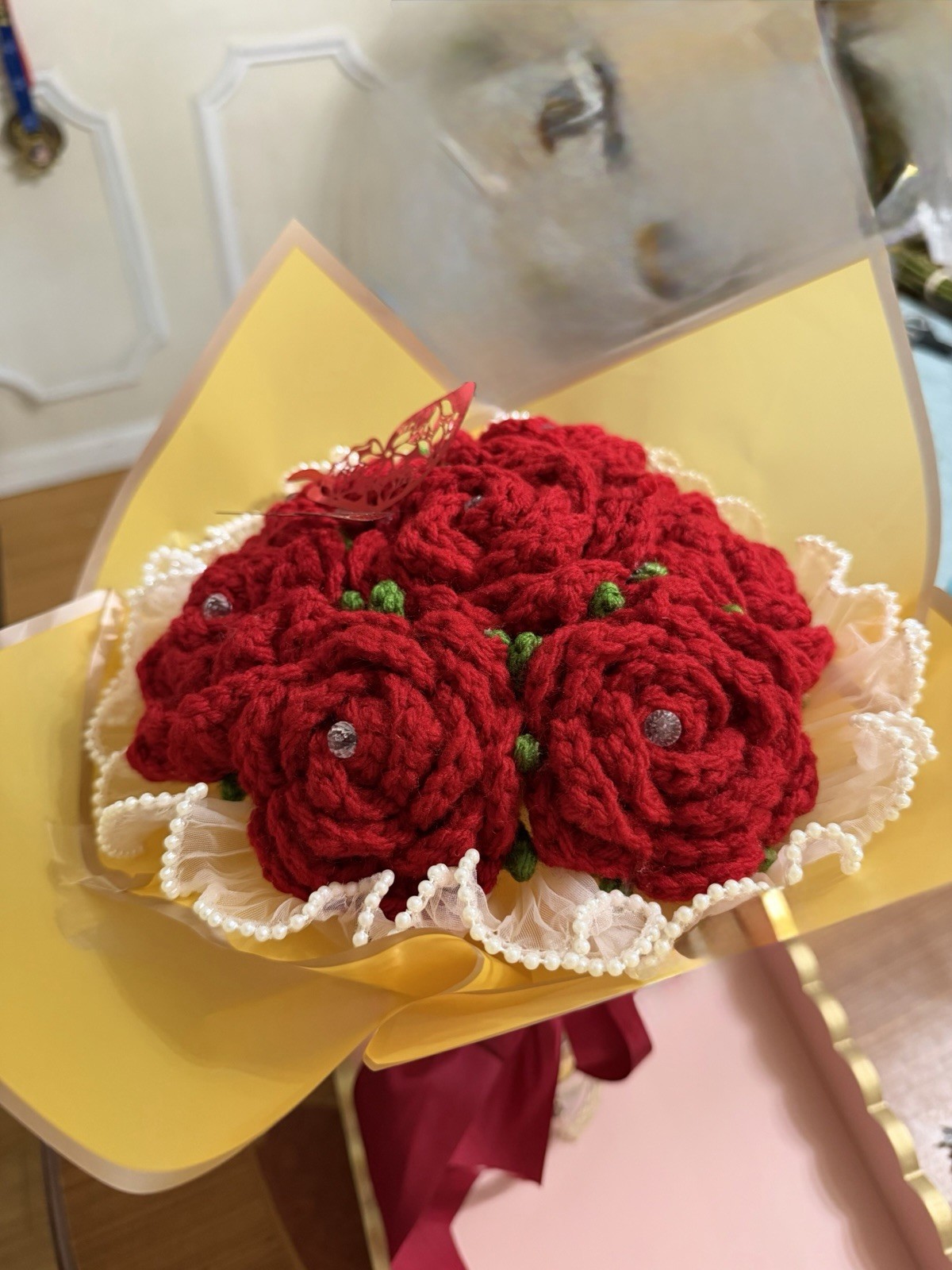 Red Crochet 7 Rose Bouquet Handmade