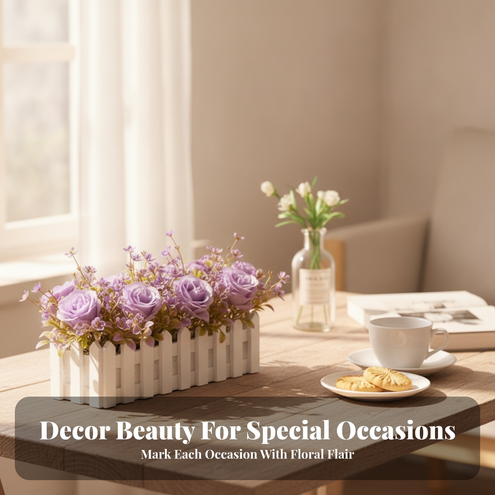 Wooden Planter Flower Decor No Watering Needed Faux Rose Centerpiece