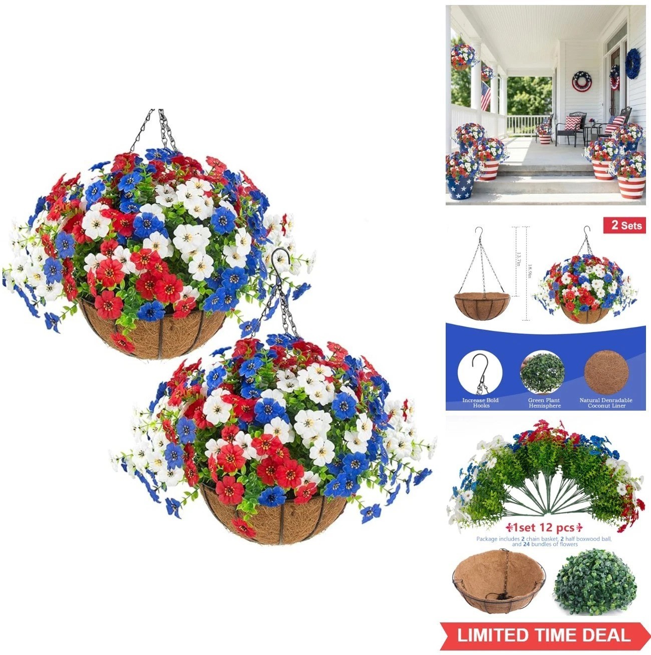 Artificial Hanging Flower Baskets 2 Sets 24 Pieces Red White Blue Patriotic