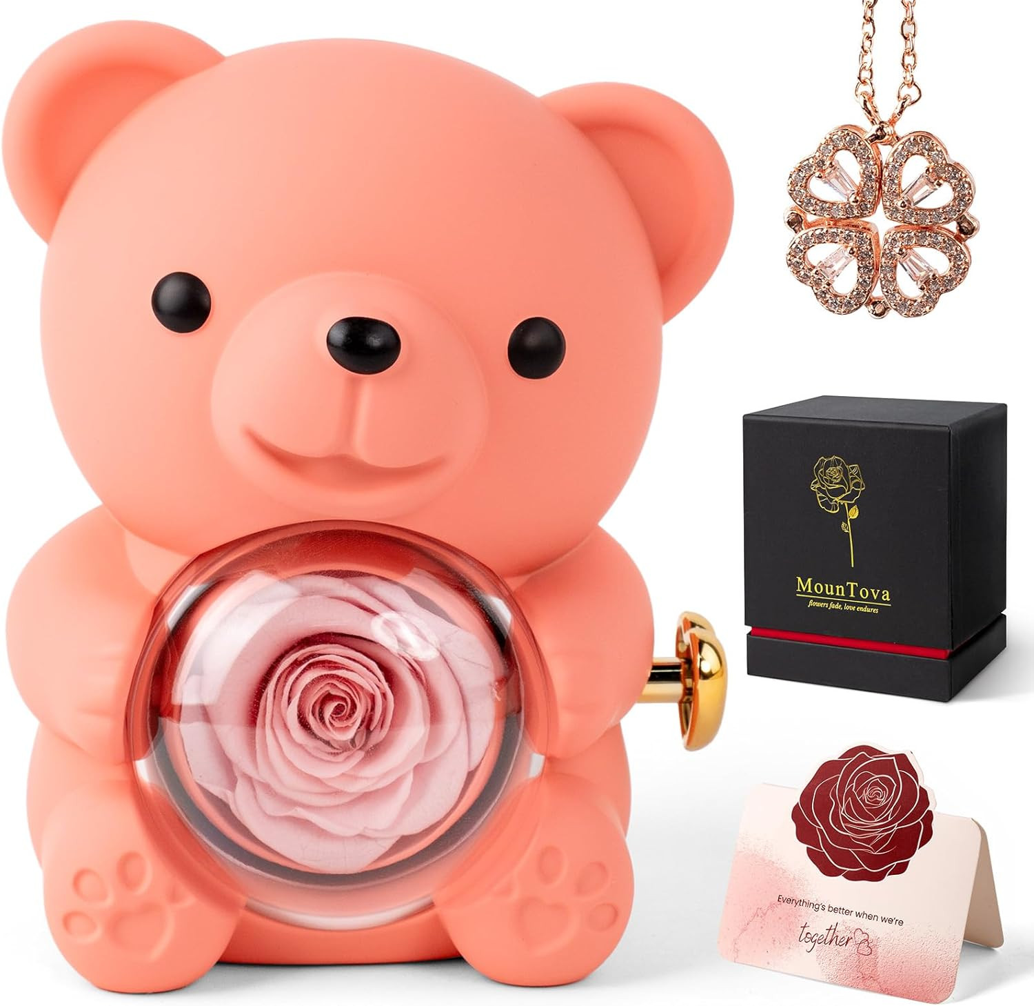 Teddy Bear with Preserved Rose Flower in Bear with Necklace and Box, Unique Moth