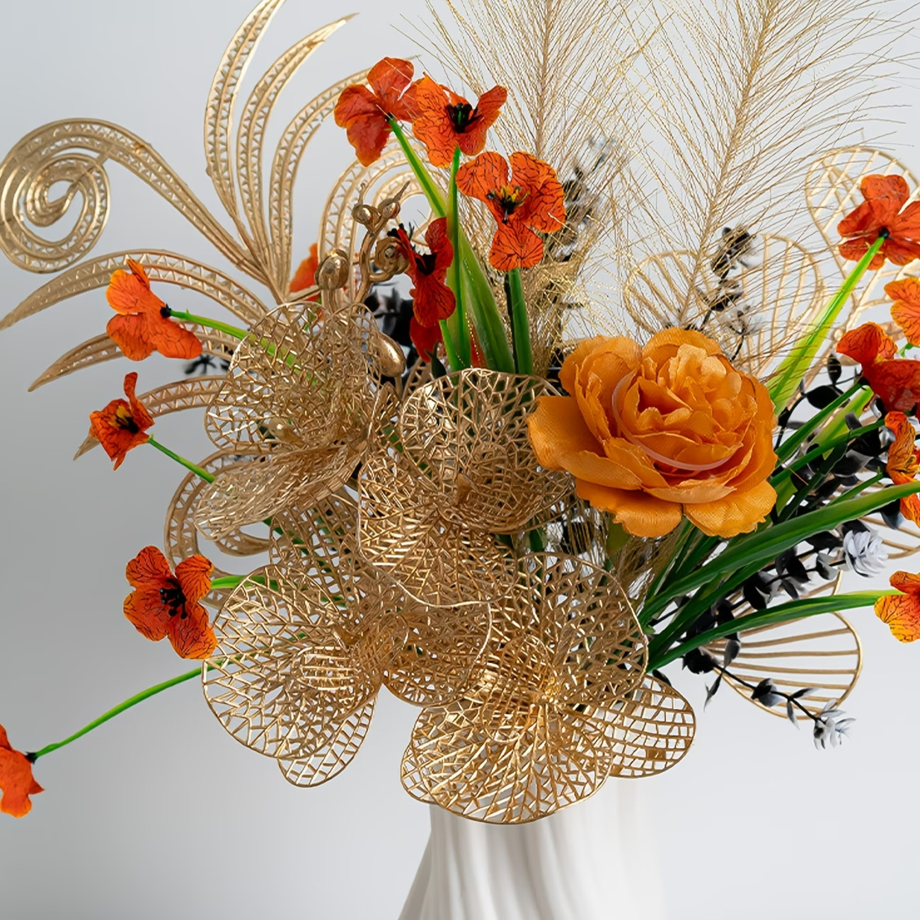 1 Set Amber Flower Crown, Warm Orange Rose, Golden Thread Whispers, Cloud Wheat