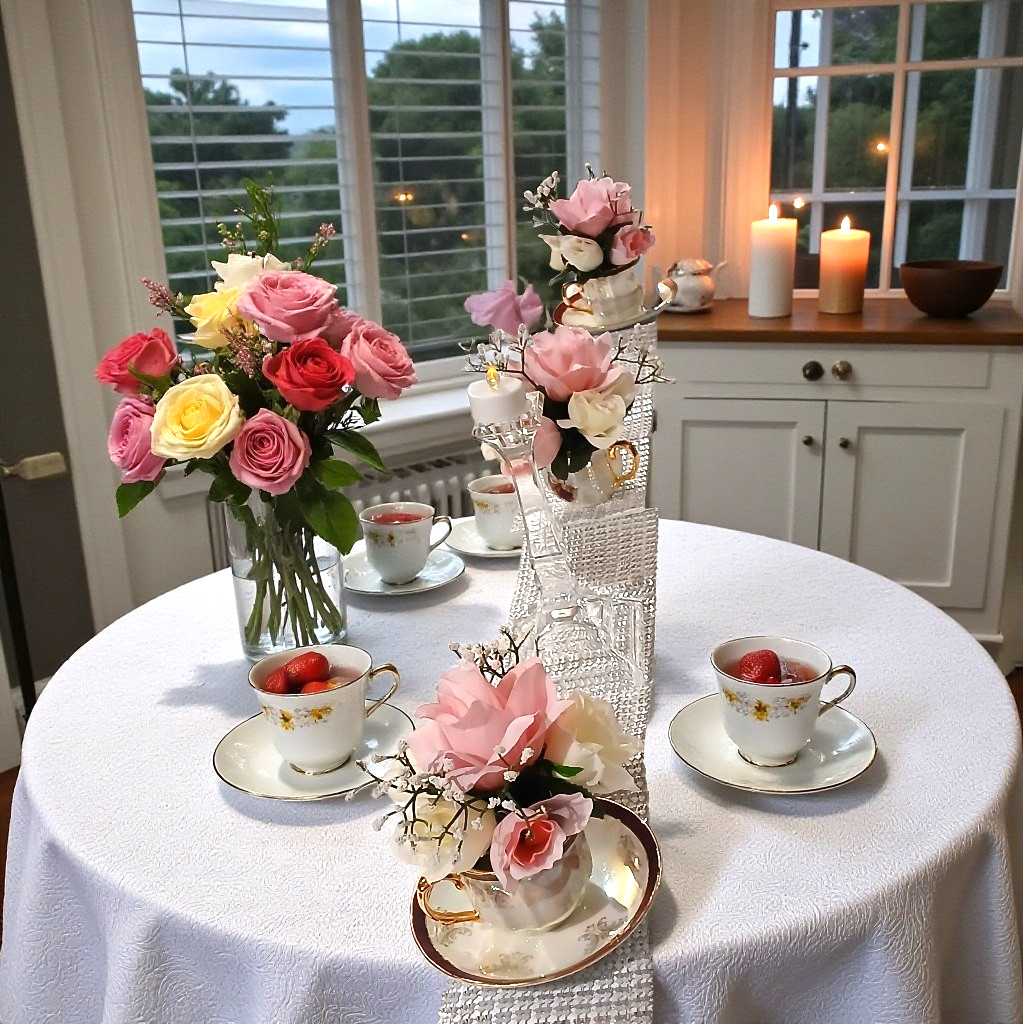 Bridal Pink & White Roses Floral Arrangement Tea Party Cup POP-IN Birthday Love