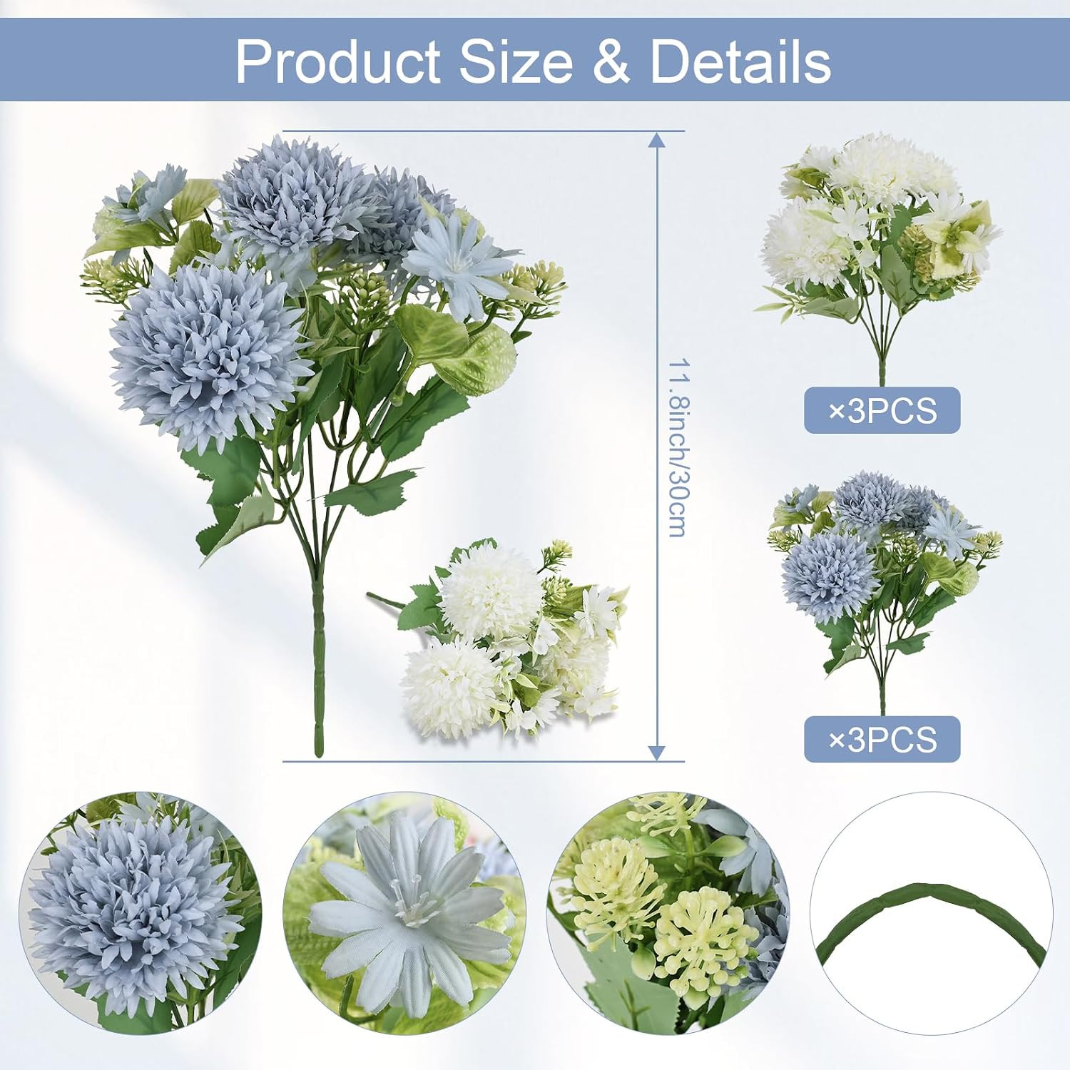 Dusty Blue & White Peony Bouquet – 6 Faux Silk Bundles for Weddings & Decor