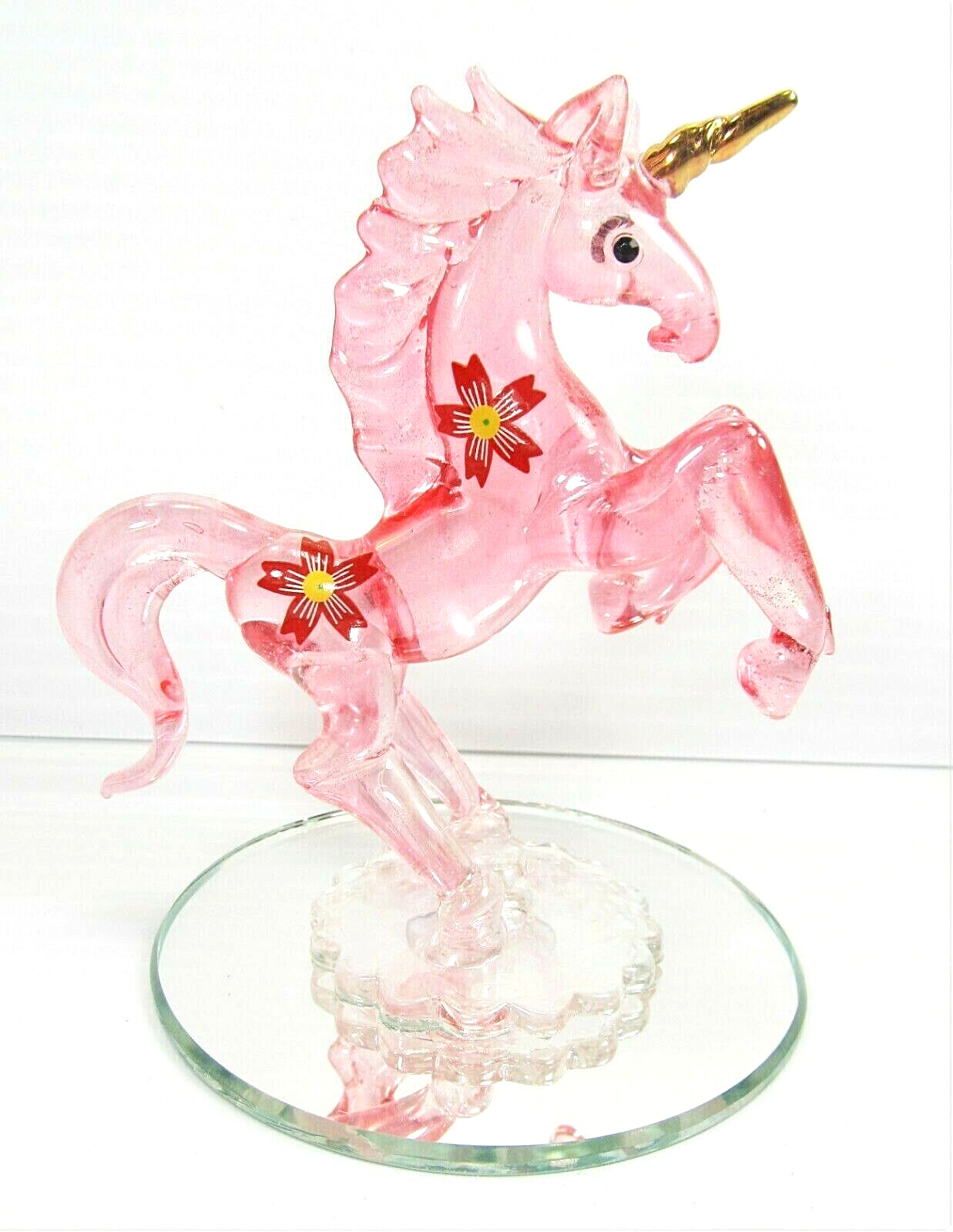 Unicorn Pink w/Red Flowers Hand Blown Glass Figurine Fantasy Home Decor