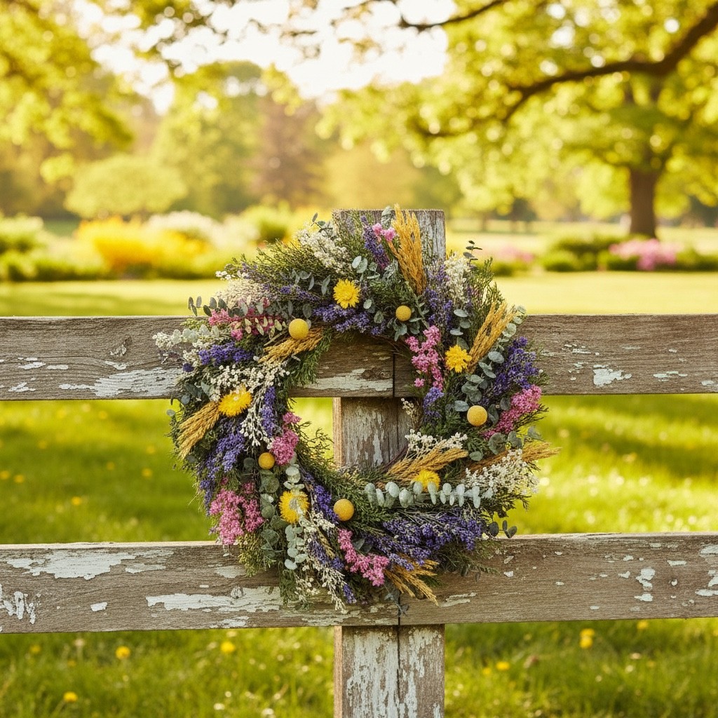18″ Dried Floral Wreath Lavender Eucalyptus Spring Summer Front Door Decor