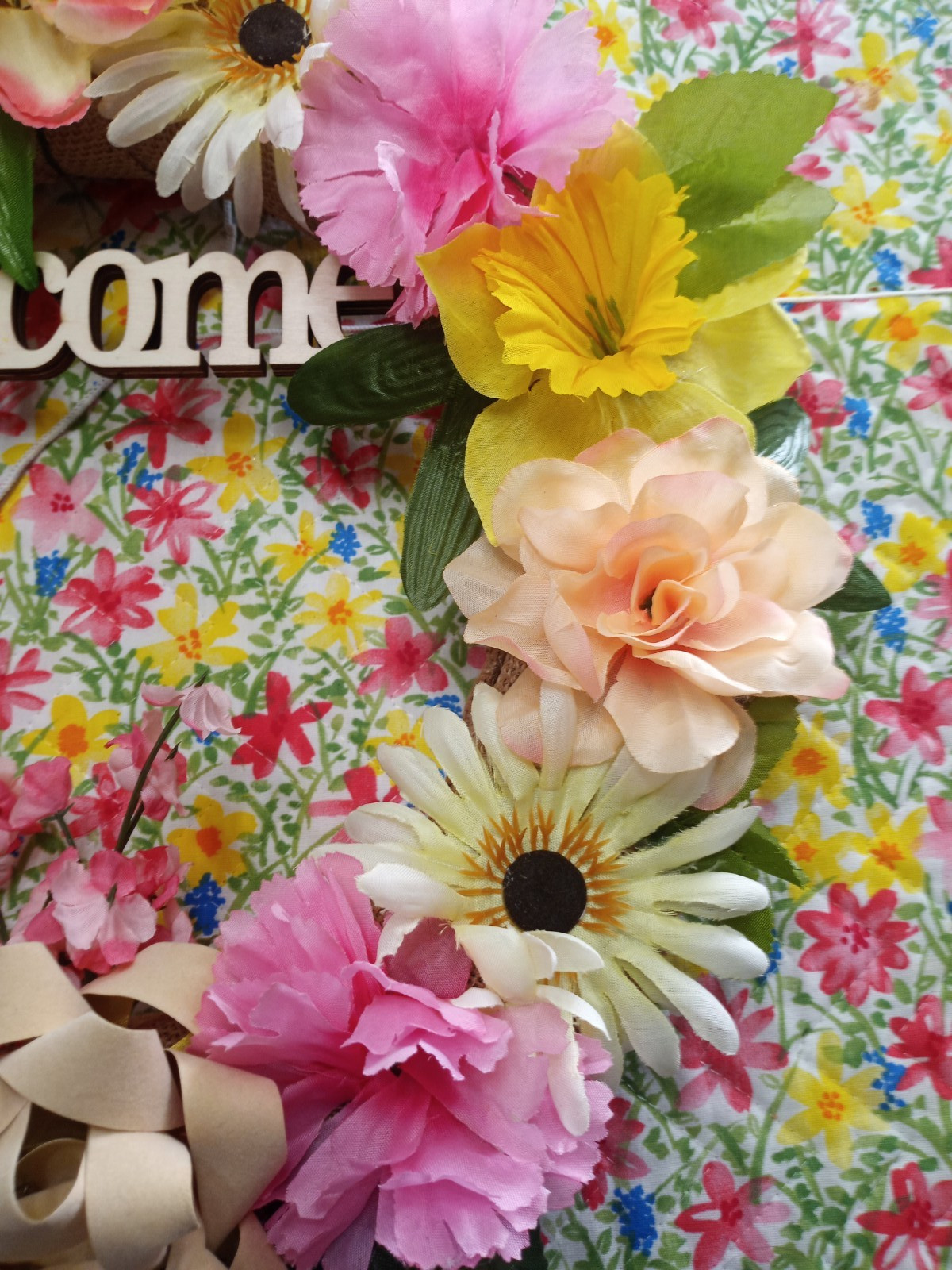 Homemade 14″ Artifical flower Spring Summer Welcome Floral Burlap Door Wreath