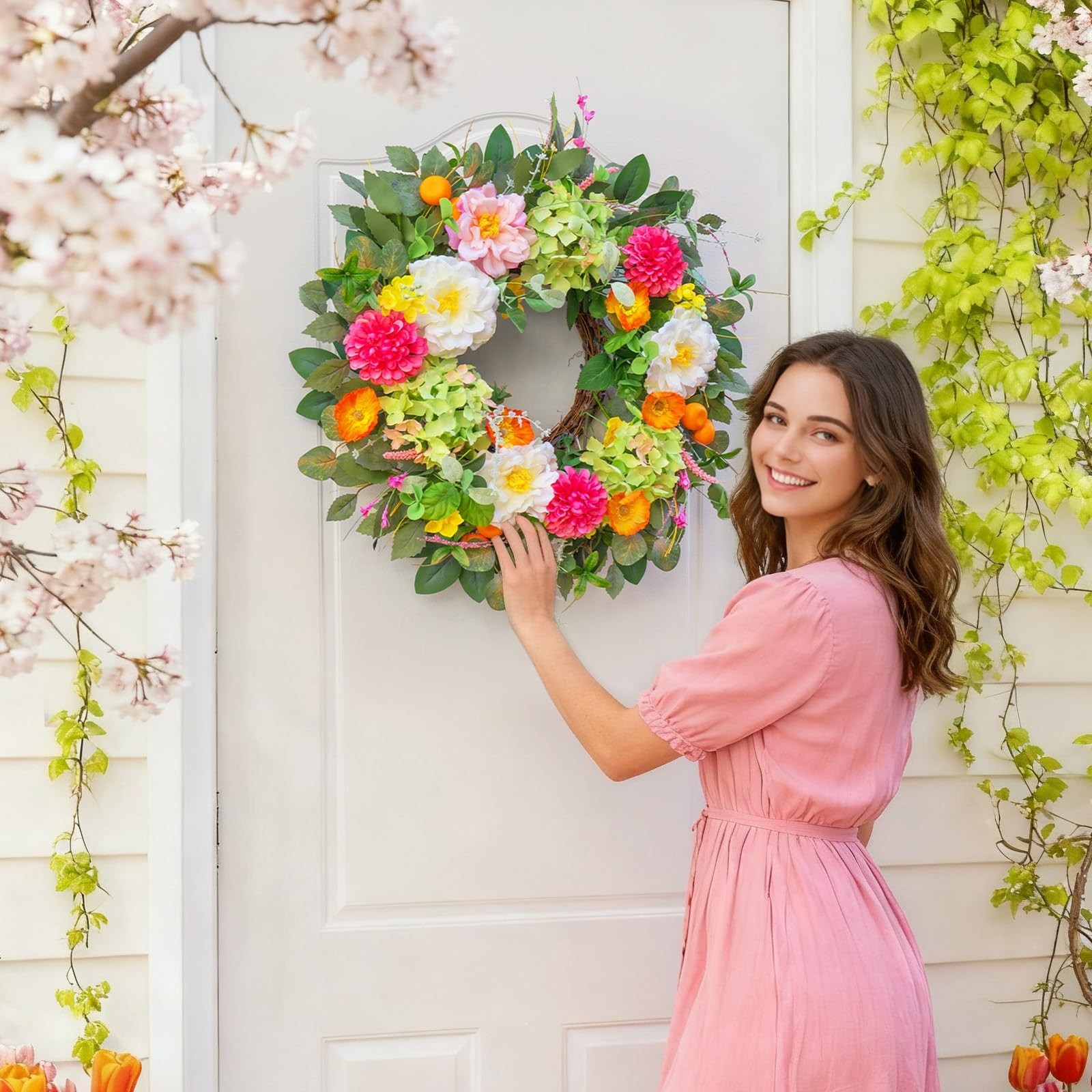 Vibrant 24″ Spring Wreath for Front Door – Peony, Hydrangea & Eucalyptus Decor