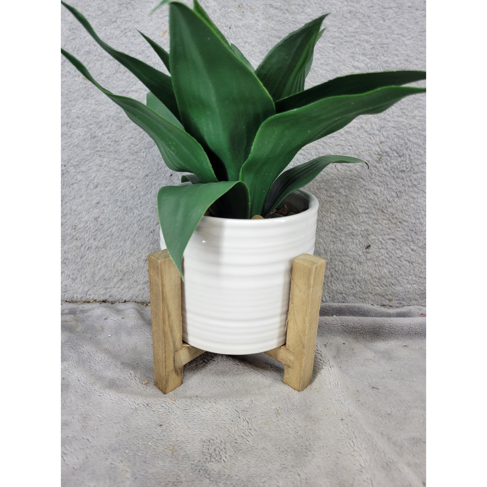 Artificial Snake Plant in White Ceramic Pot with Wood Stand Faux Green Leaves