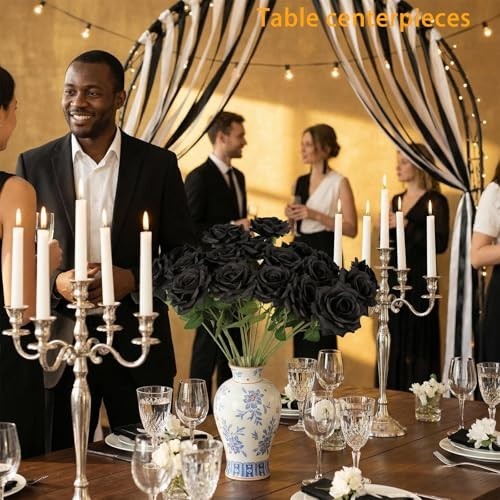 Bulk Black Silk Roses – 4″ Artificial Faux Flowers with Stems for Wedding Decor,