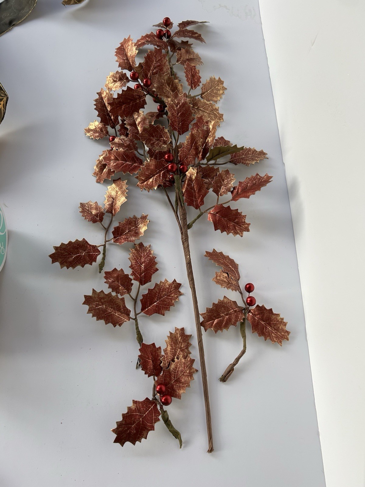 Copper Red Holly Spray 25″L Metallic Leaves Berries Stem Artificial Christmas