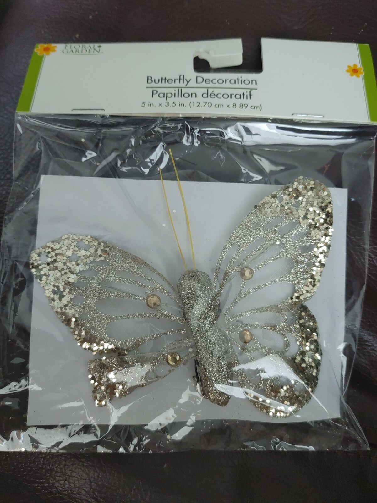 NEW! Floral Garden Sheer Rhinestone Glitter 5″x 3.5″ Gold Butterfly W/Clip