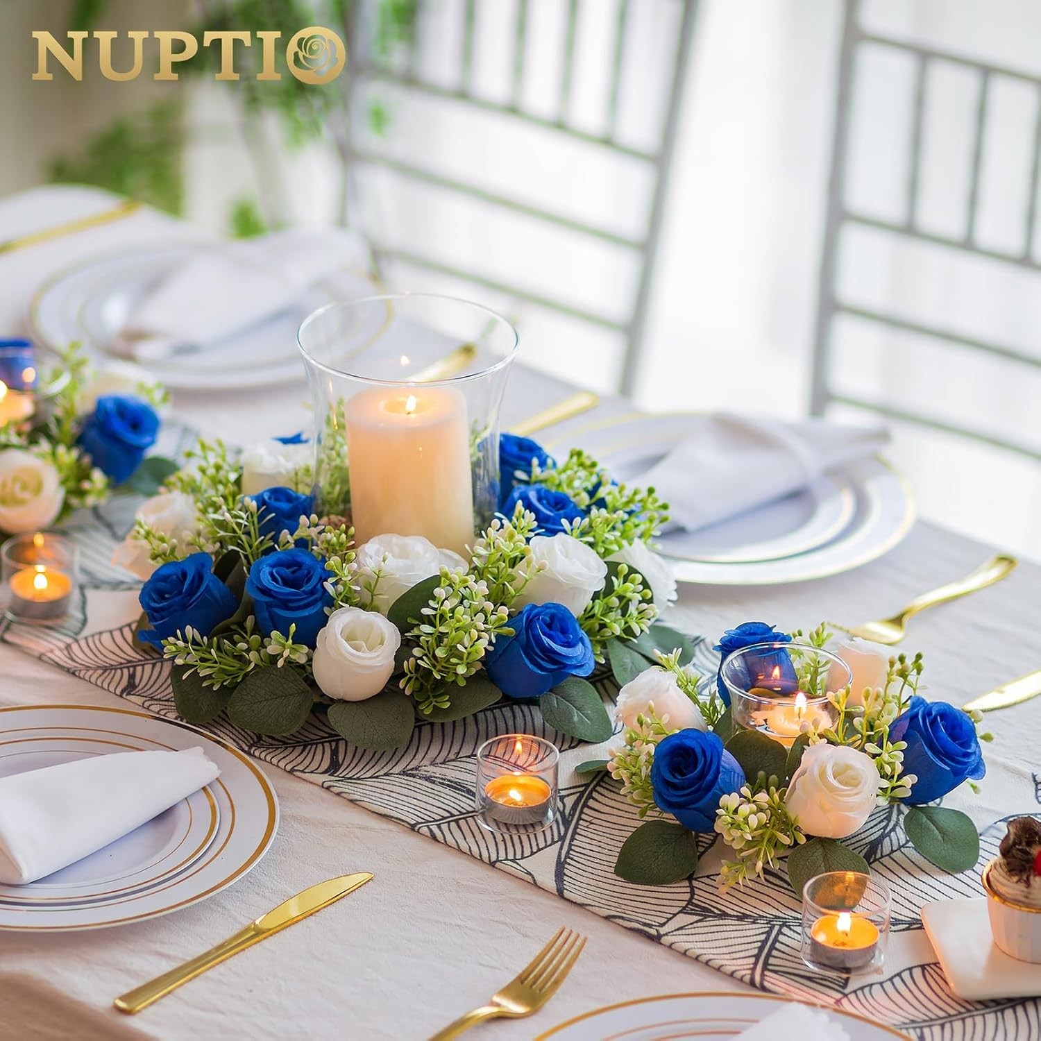 Small Wreath Table Centerpieces 9.05 Inch Royal Blue & White Flower Candle Rings