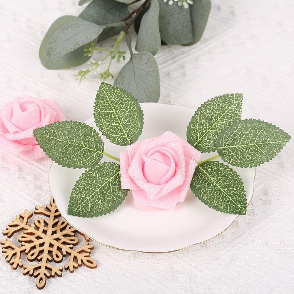 Lifelike 25pcs Pink Glitter Artificial Roses – Wedding & Party Essentials