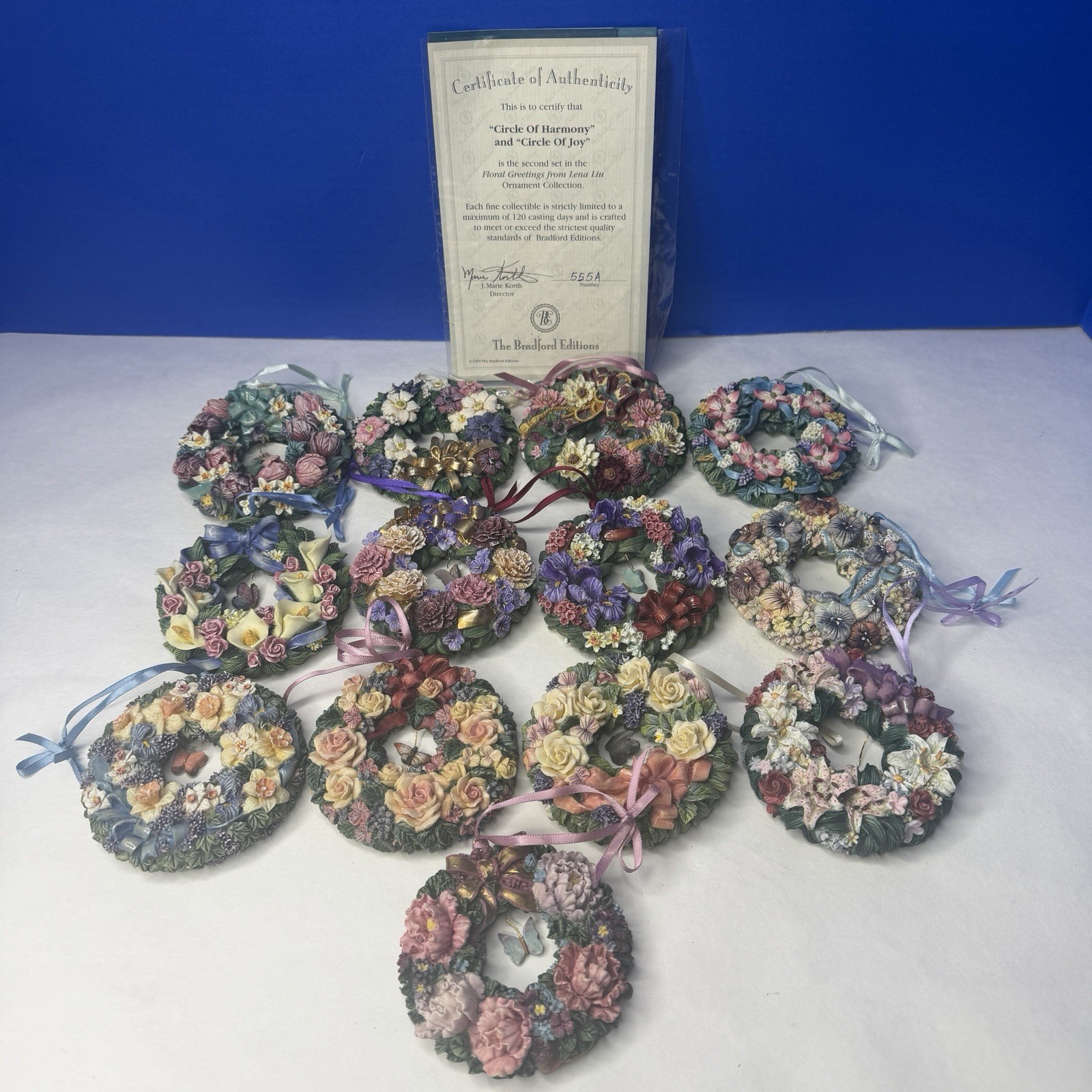 Lena Liu Floral Wreath Ornament Set (13) Home Decor Window Display Vintage 90s