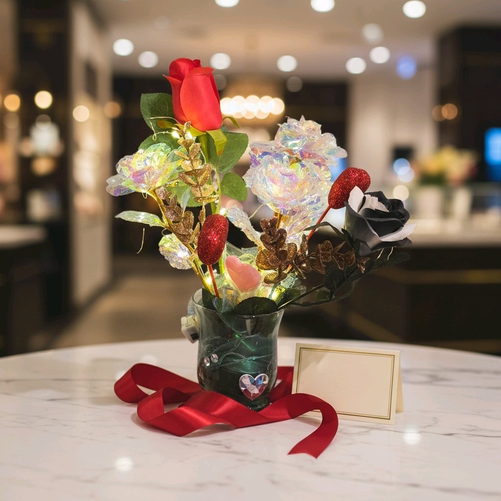 Floral Arrangement With Vase And Lights-New-Hand Crafted