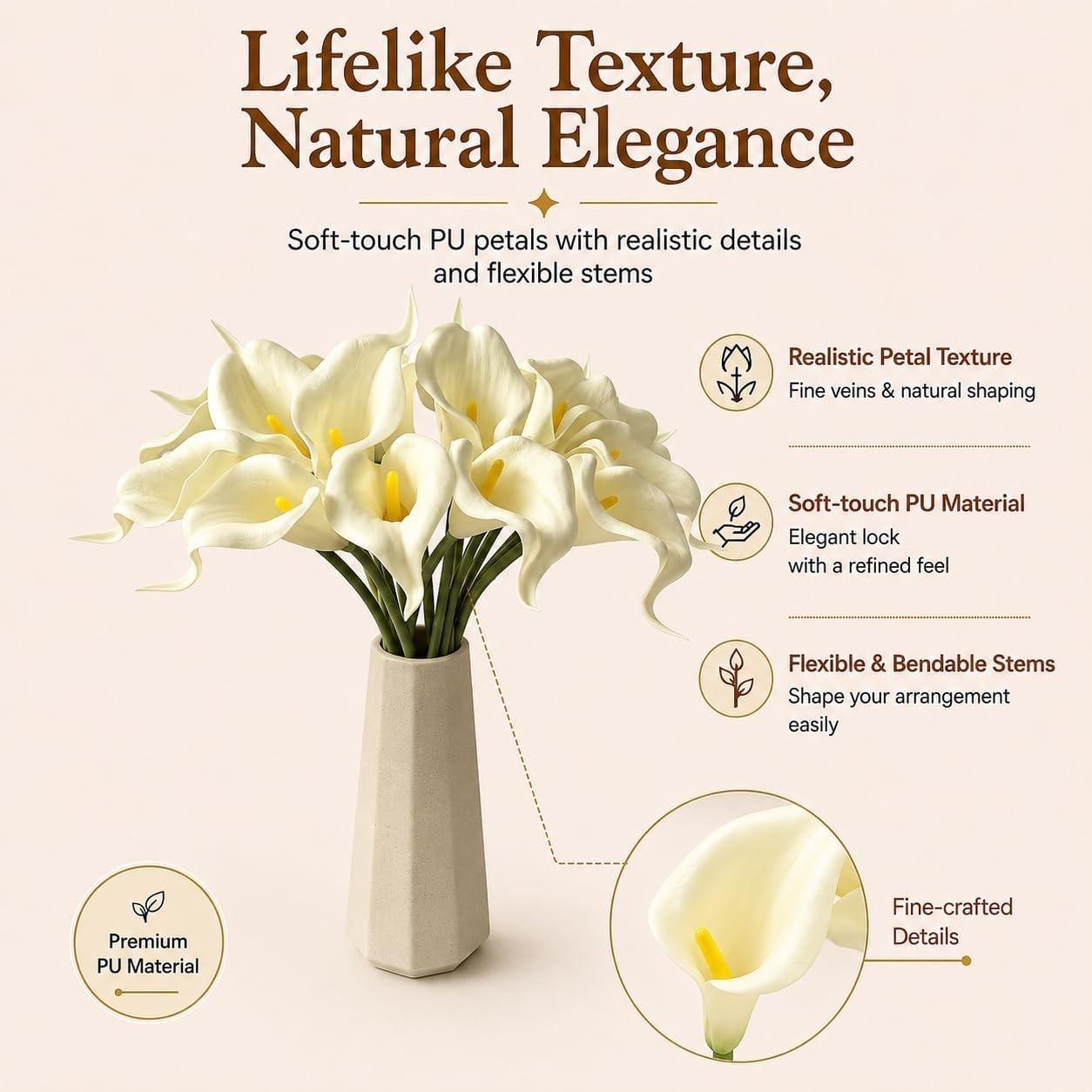 Realistic 20 Cream Calla Lilies – 13.5″ Elegant Floral Bouquet for Home & Events