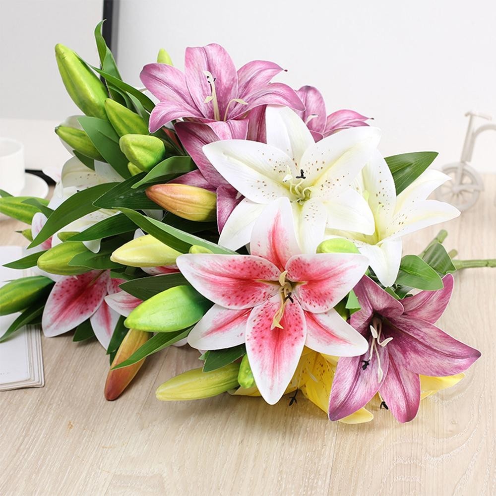 2heads 3D Printed Lily Artificial Flowers Real Look for Wedding Party Home Decor