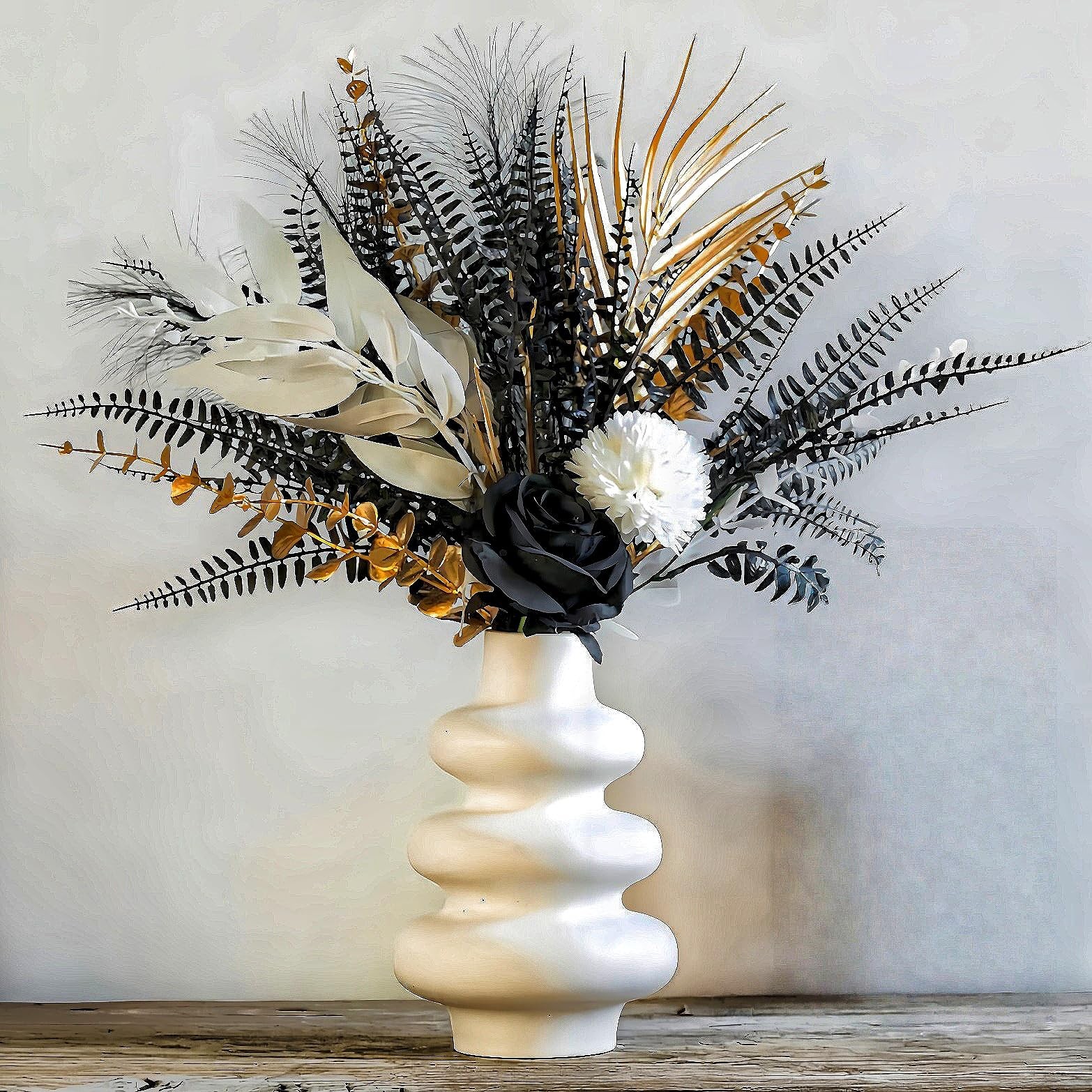 Gothic Aesthetic Decorative Floral Arrangement Black and White Roses with Met…