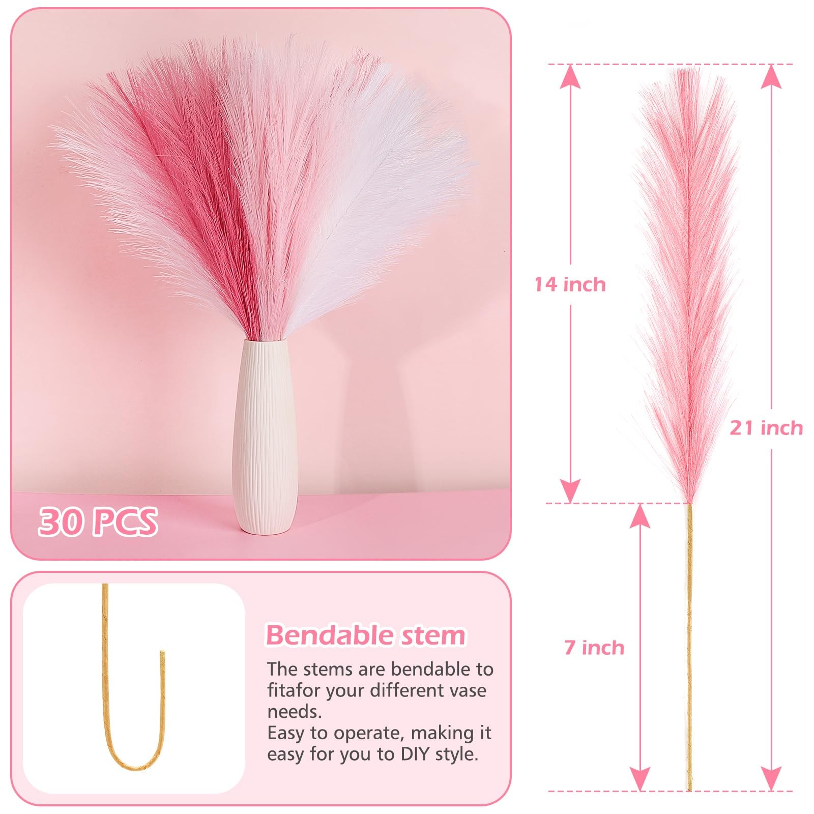 30 Pcs Pink White Pampas Grass Decor: 21.7″ Fluffy Faux Small Pampas Grass Ar…