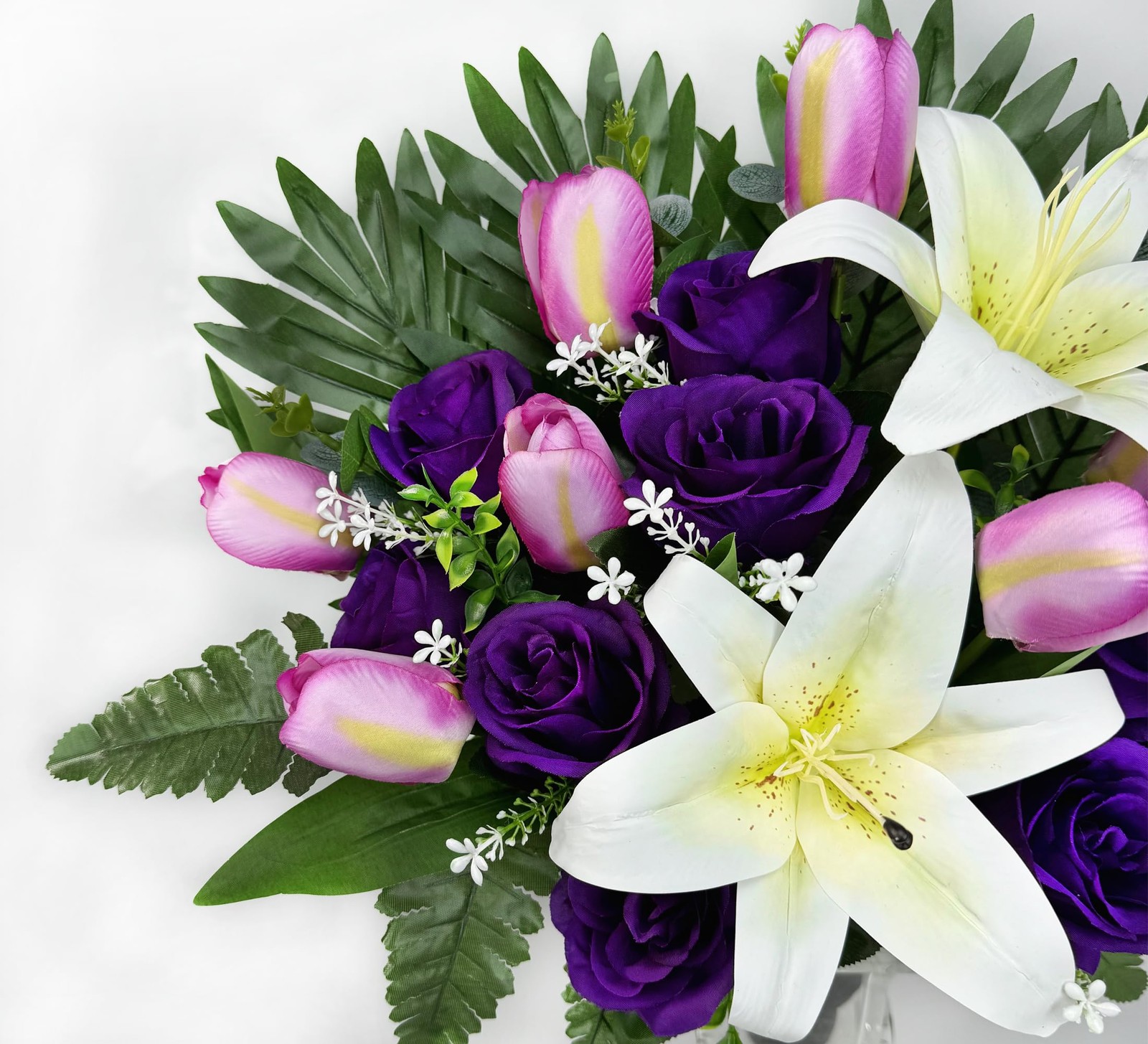 Cemetery Flowers with Vases for Grave Decor, Silk Lily Rose Tulip Headstone F…