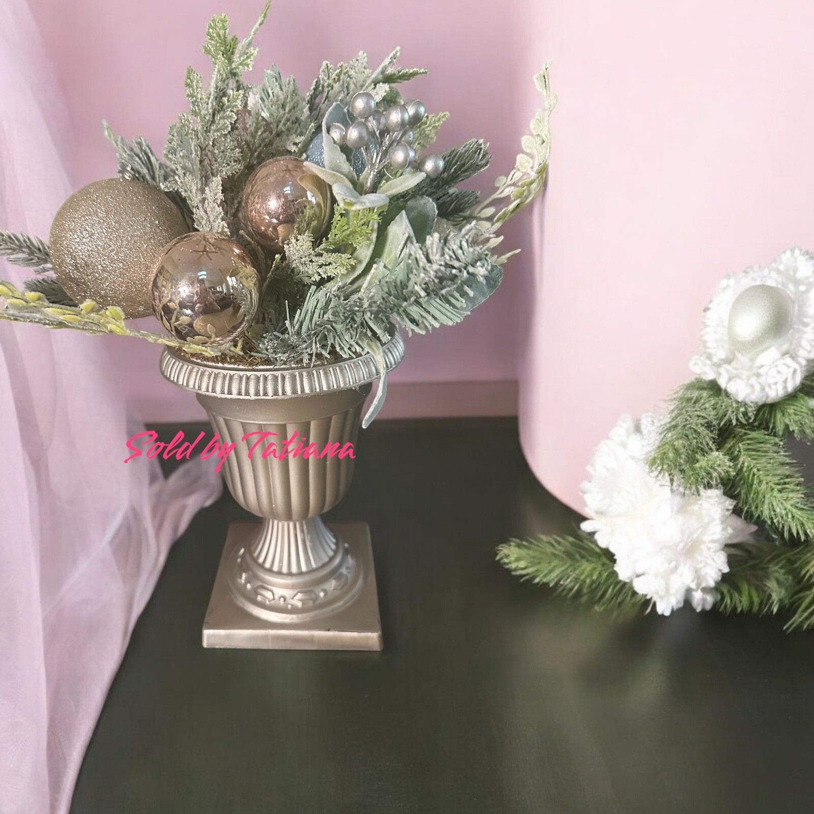 18” Pink Gold Pastel Lavender Christmas Floral Arrangement in Urn $60 Vase holi
