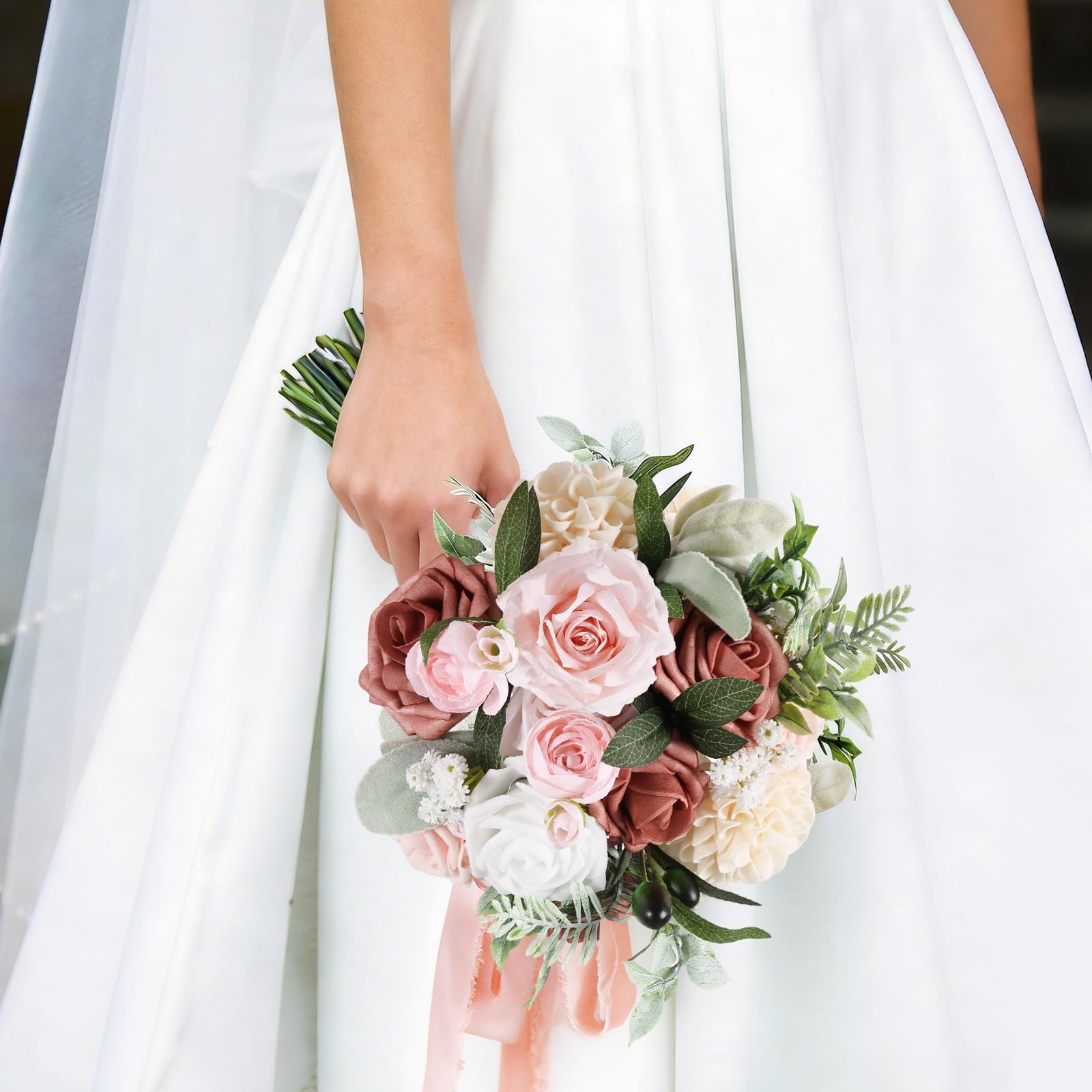 Dusty Pink Fake Wedding Bouquet Artificial Bridesmaid Roses Flowers Decoration