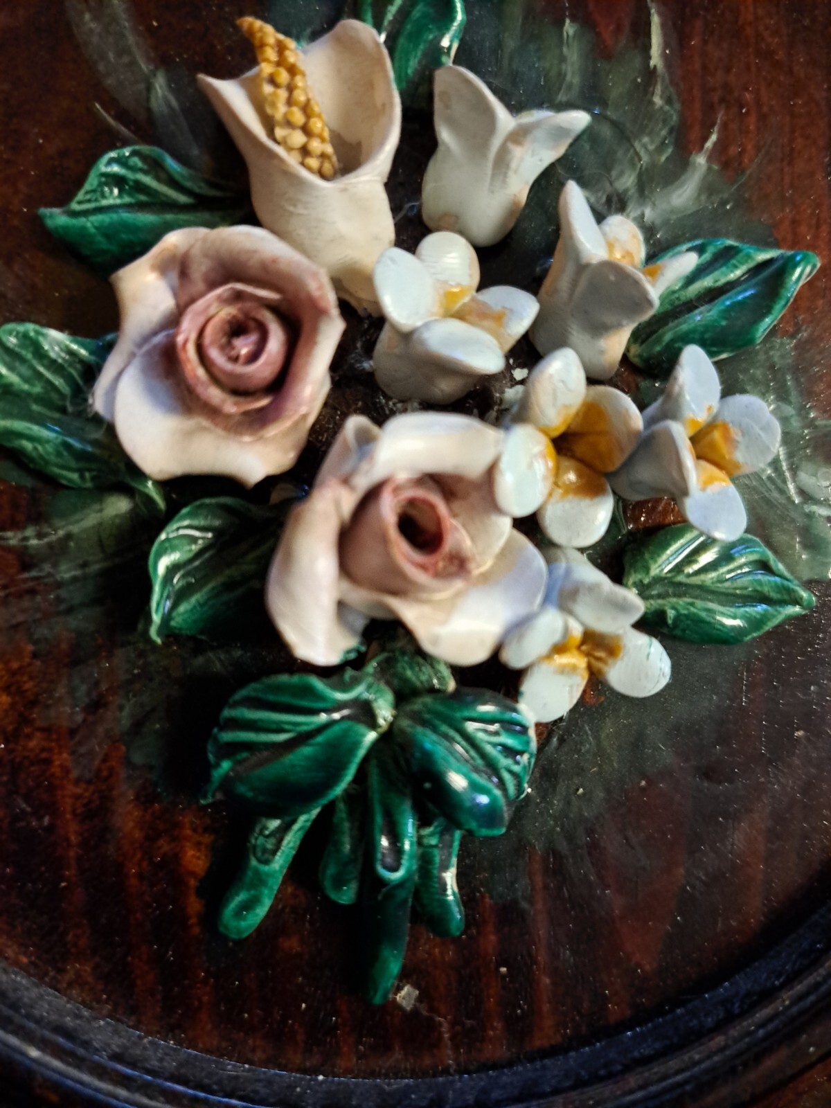 Vintage hand crafted flowers roses art on hand turned dark wood plaques set of 3