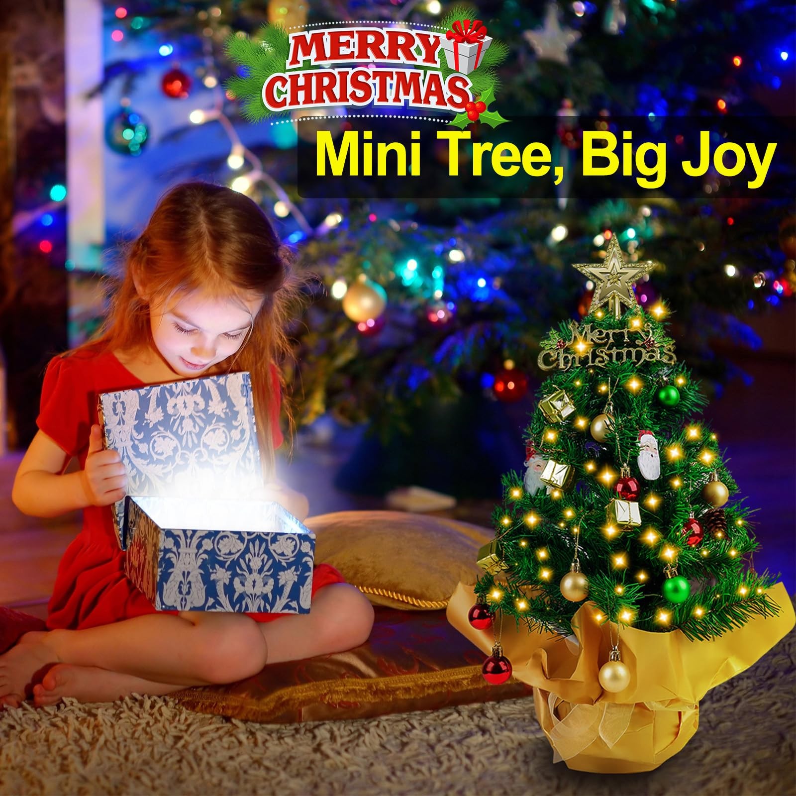 23 Inch Mini Tabletop Christmas Tree Lights Star Topper Hanging Ornaments