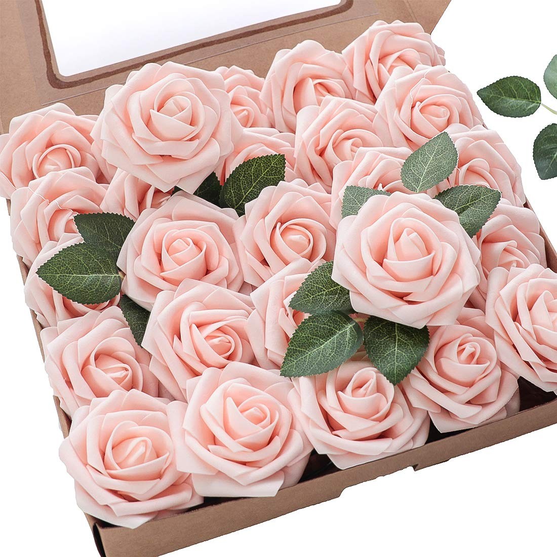 Artificial Flowers 25pcs Blush Foam Fake Roses with Stems for DIY Wedding