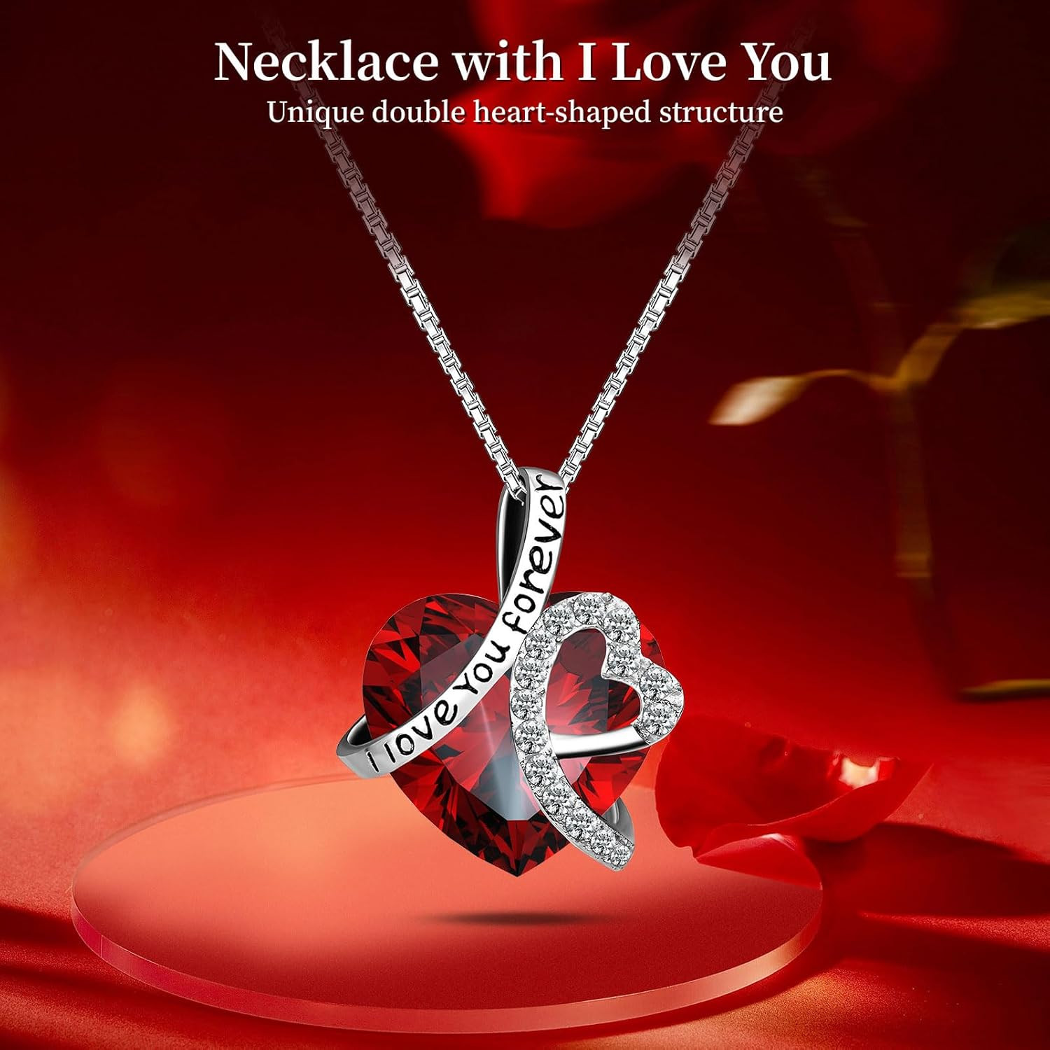 Preserved Red Real Rose with Heart Necklace -Eternal Flowers Rose Birthday Gifts