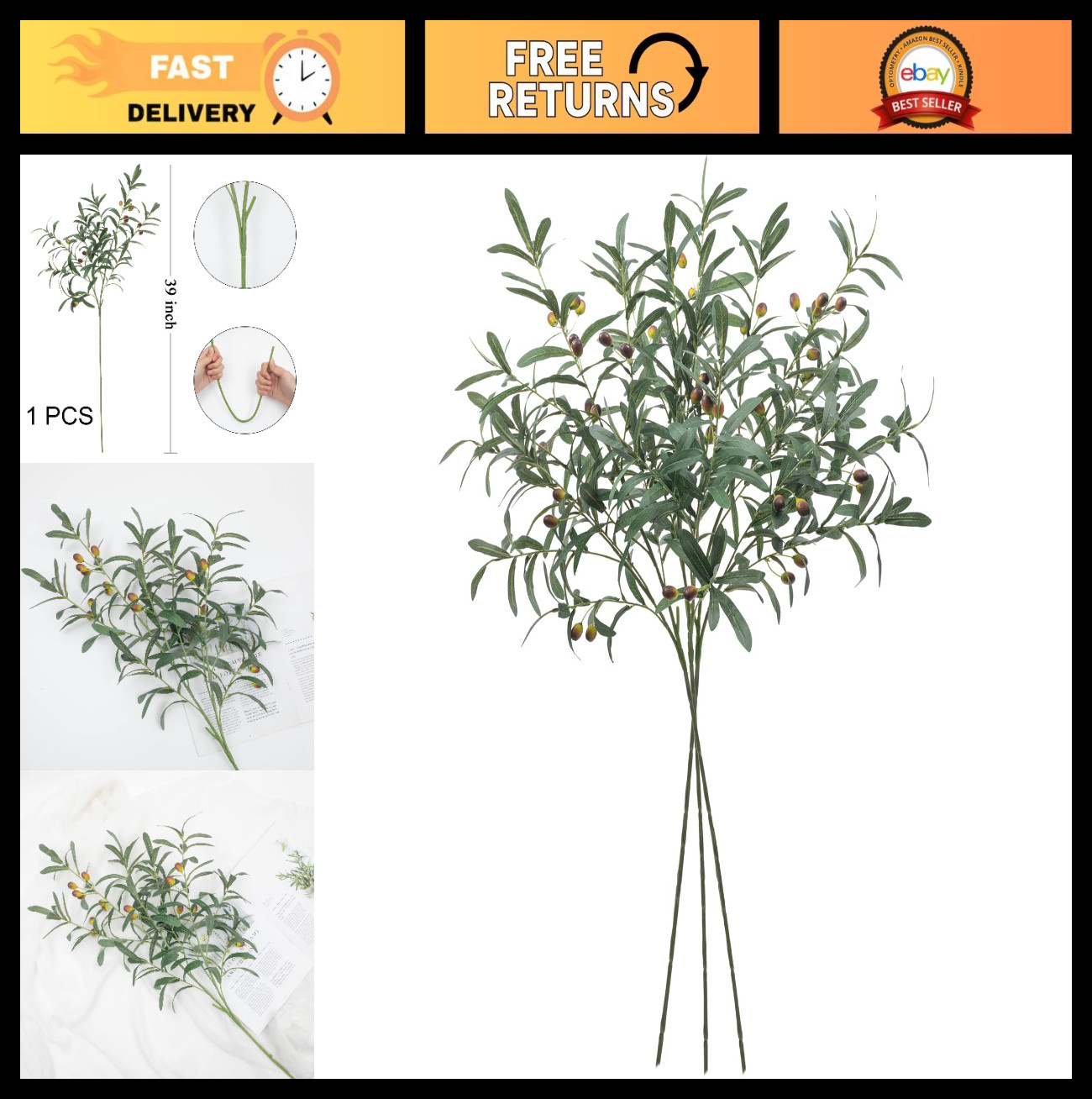 3 PCS 39″ Tall Faux Olive Tree Branches – Artificial Greenery Stems for Vases