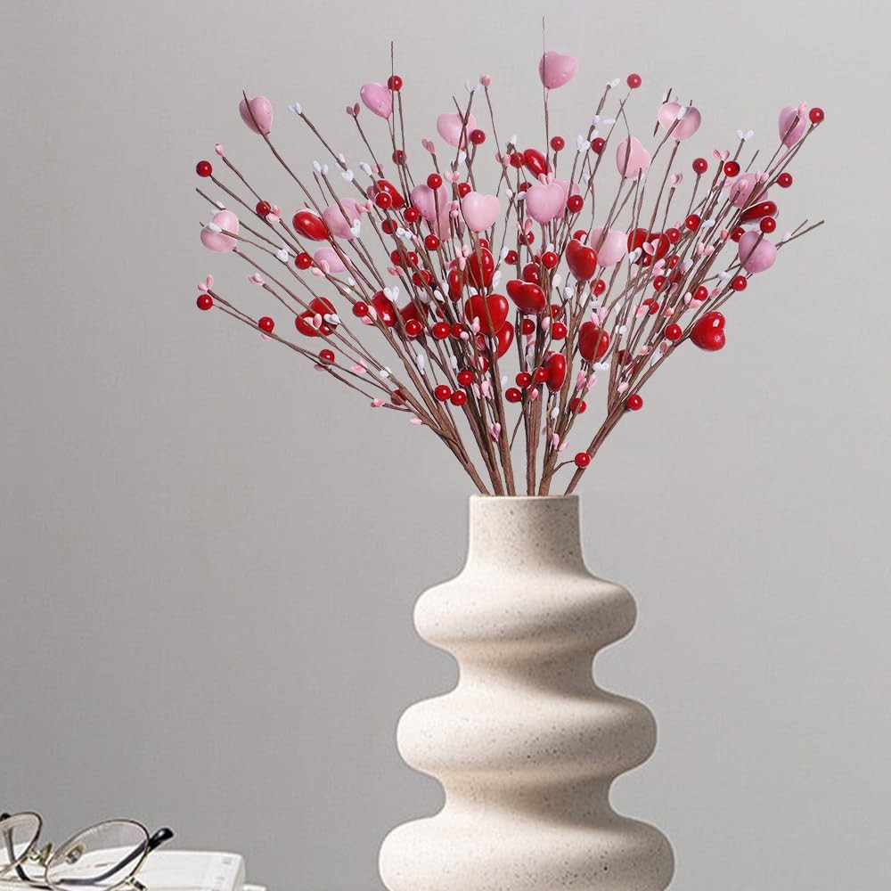 6 Pack Valentine Floral Picks Heart Berry Stems 17 Inch Decorations