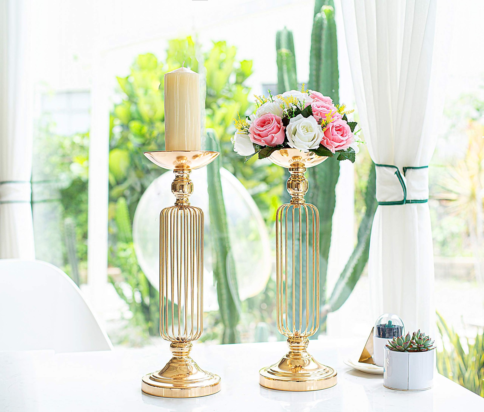 LANLONG 2 PCS Fake Flower Ball Arrangement Bouquet, 15 Heads Plastic Roses wi