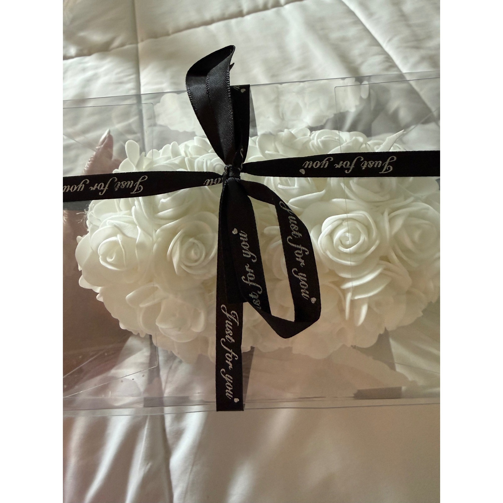 White Artificial Rose Flower Heart Gift Box Valentine Anniversary Decor