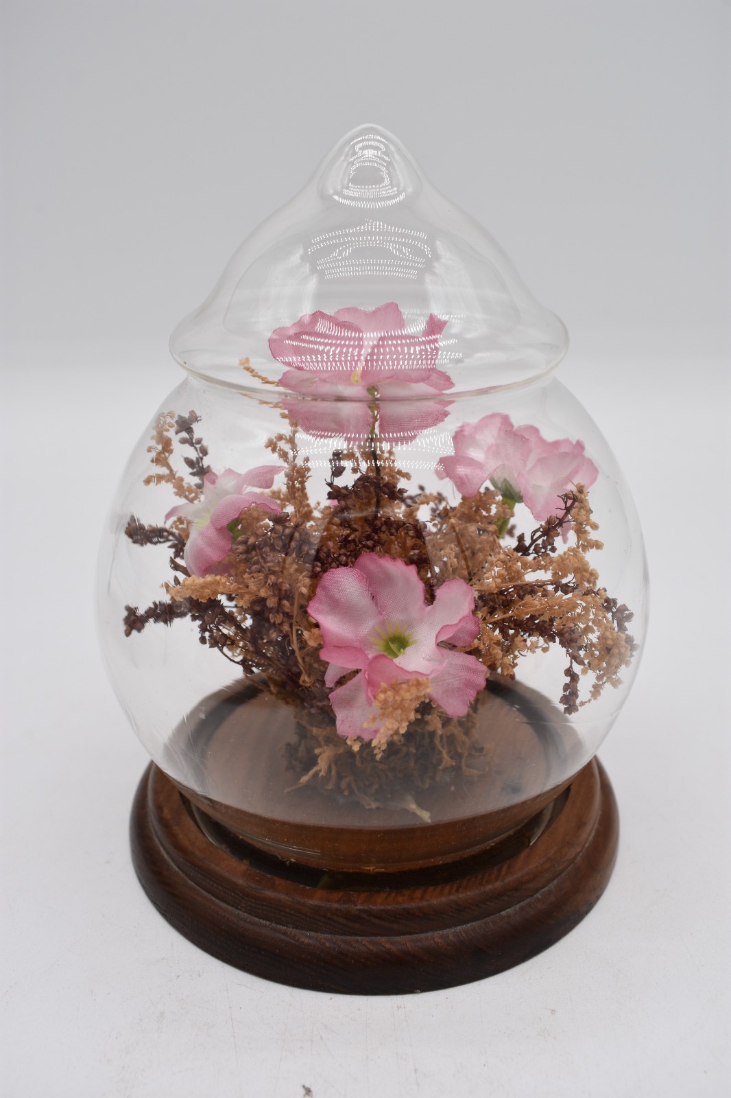 Vtg. Cloche Real/Faux Flowers Pretty Pink Wood/Glass OOAK Tabletop