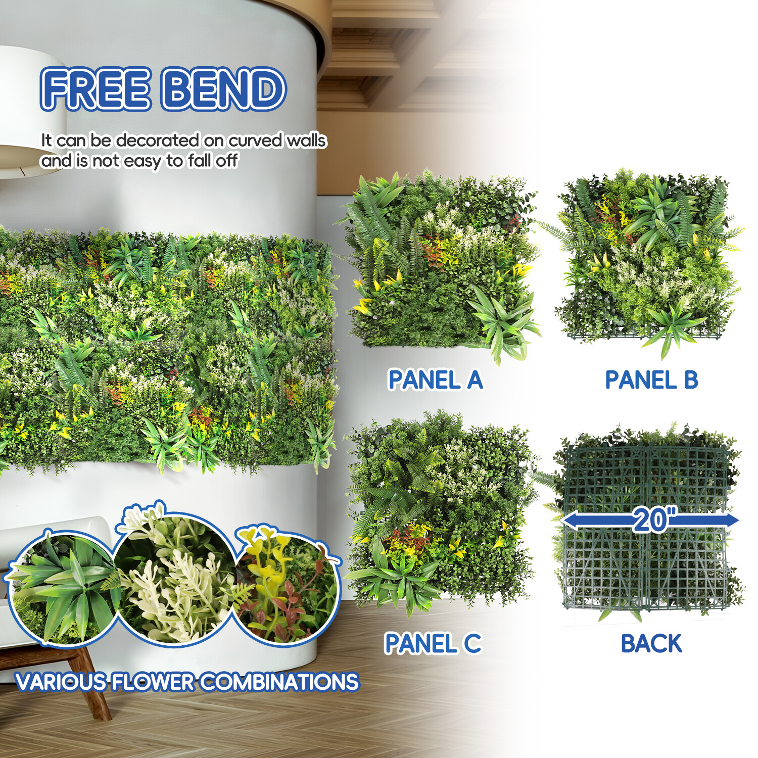 20″ x 20″ Artificial Plant Mat Mixed ABC Fence Panel Wall Hedge Decor 3-Pack #1
