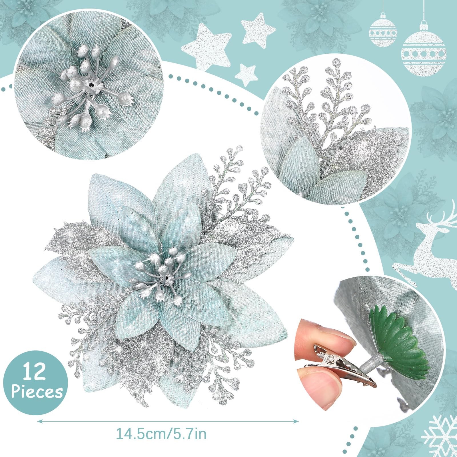 Christmas Glitter Poinsettias 12 PCS 6.3 Inch with Clips Ice Green Silver