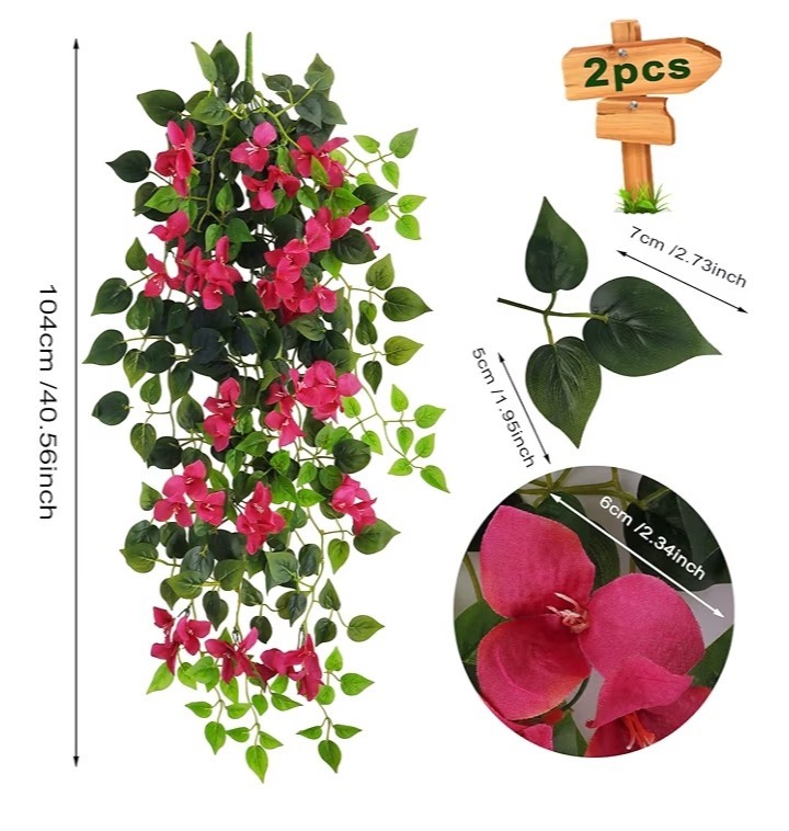 2pcs Artificial Bougainvillea Bouquet Flowers Vine UV Resistant Faux Silk Plasti