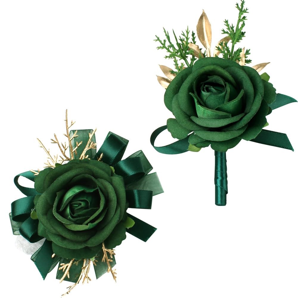Green Rose Wrist Corsage Wristlet and Boutonniere Set for Prom Decoration 2 PCS