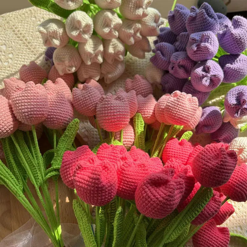 1PC Knitted Flower Tulips Fake Flowers Bouquet Wedding Decoration Hand Crochet W