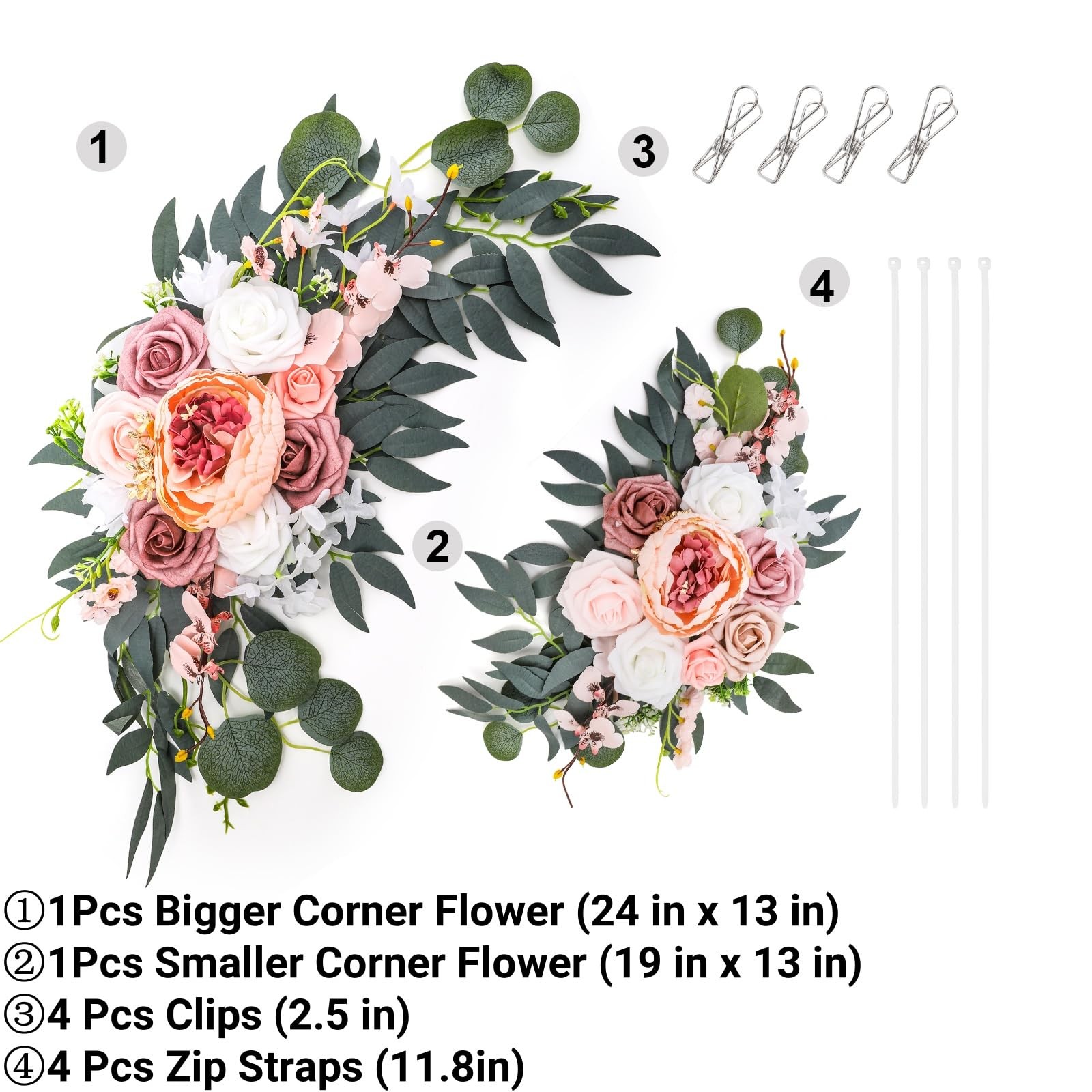 2 PCS Wedding Arch Flowers Artificial Floral Swag Decor PinkWhite Ceremony